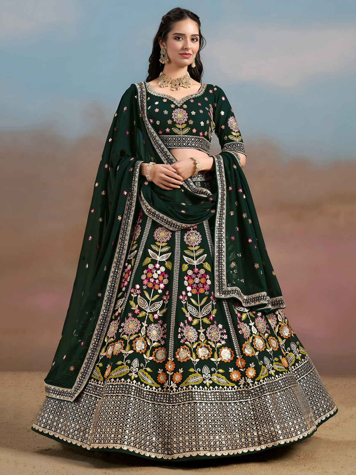 Amazing Green Sequins Georgette Mehendi Wear Lehenga Choli With Dupatta