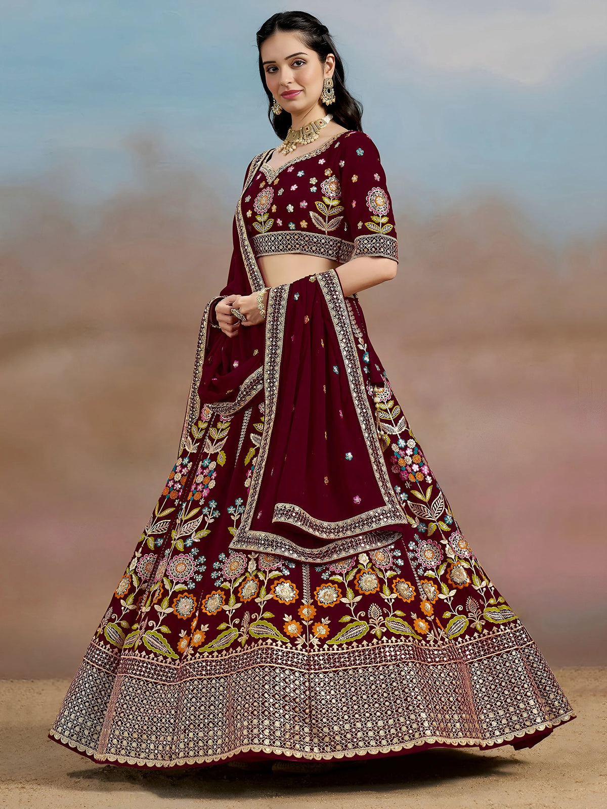 Phenomenal Maroon Sequins Georgette Reception Wear Lehenga Choli