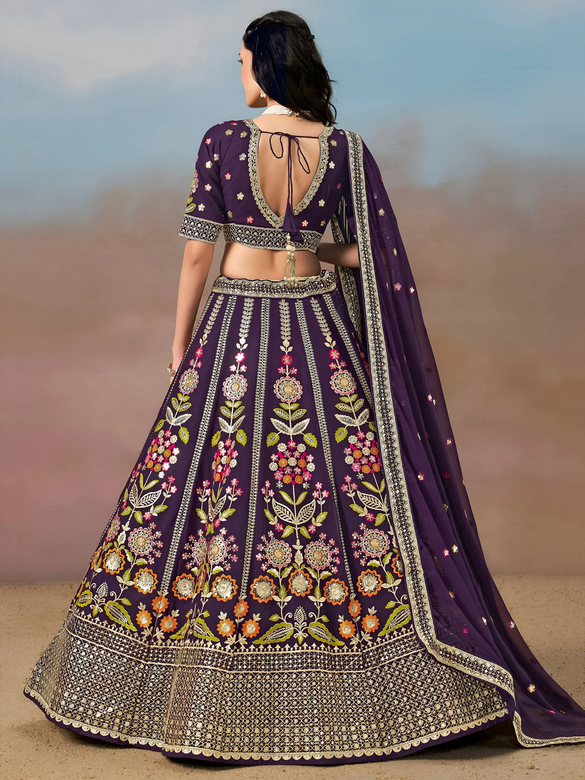 Outstanding Purple Floral Embroidery Georgette Bridesmaid Lehenga Choli