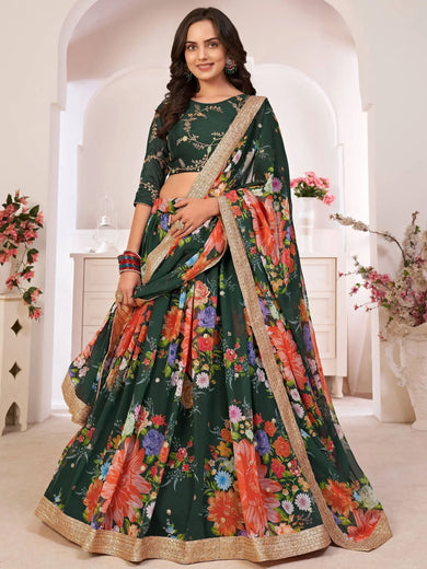 Impressive Green Digital Printed Georgette Wedding Wear Lehenga Choli