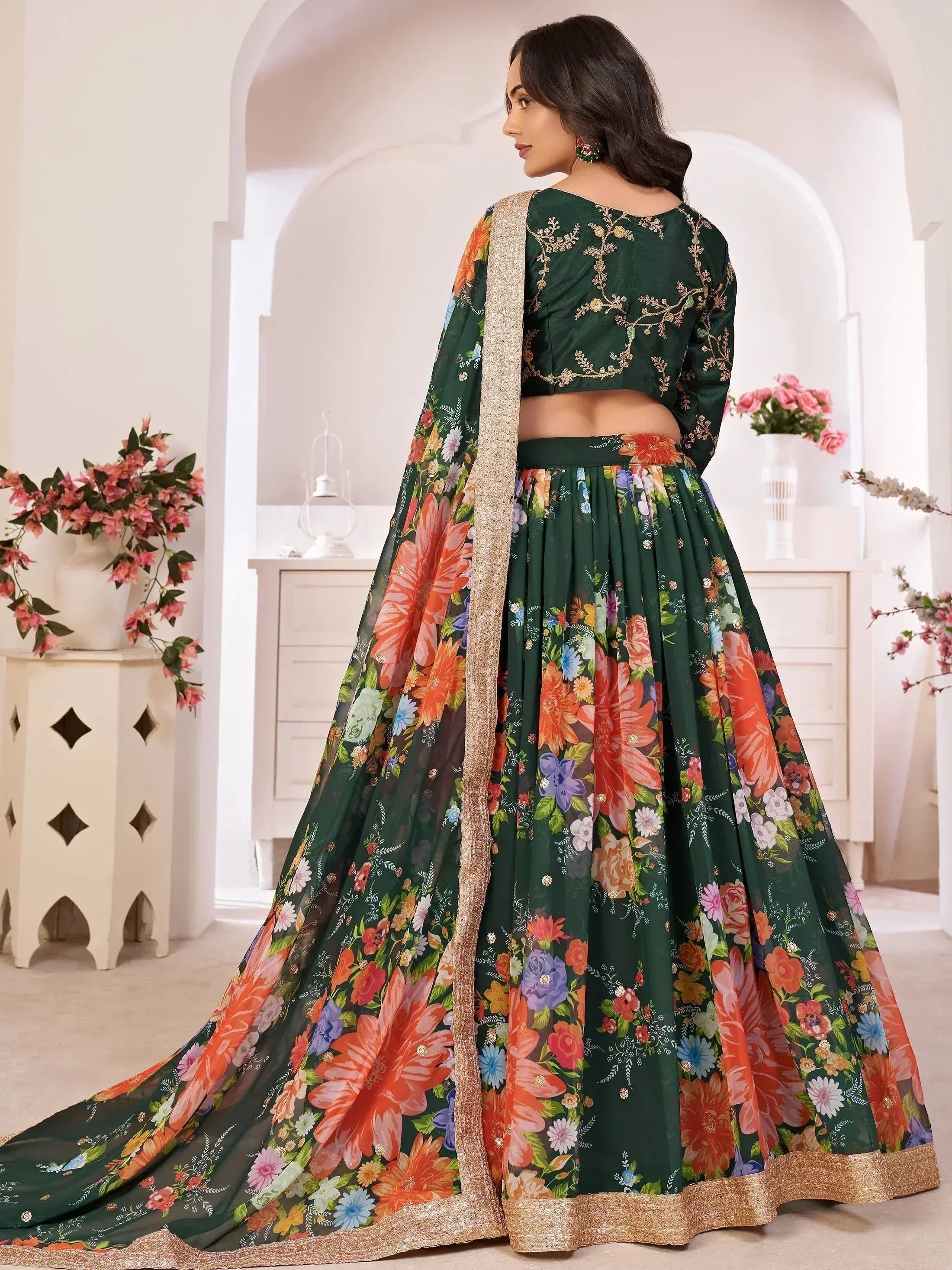 Green floral lehenga choli with gold embroidery and dupatta, Indian ethnic wear for women