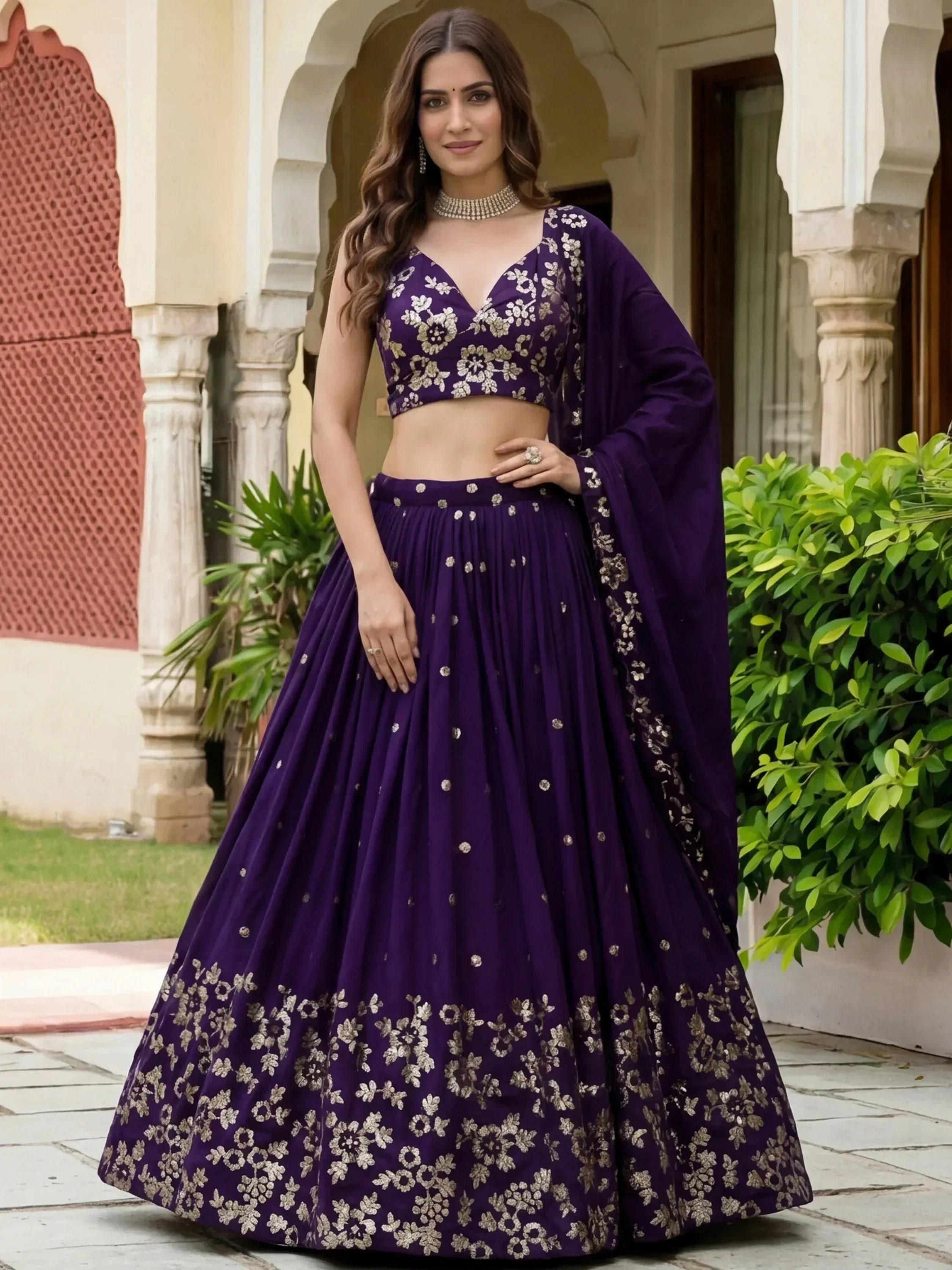 Purple floral embroidered lehenga choli with dupatta, Indian ethnic wear for women