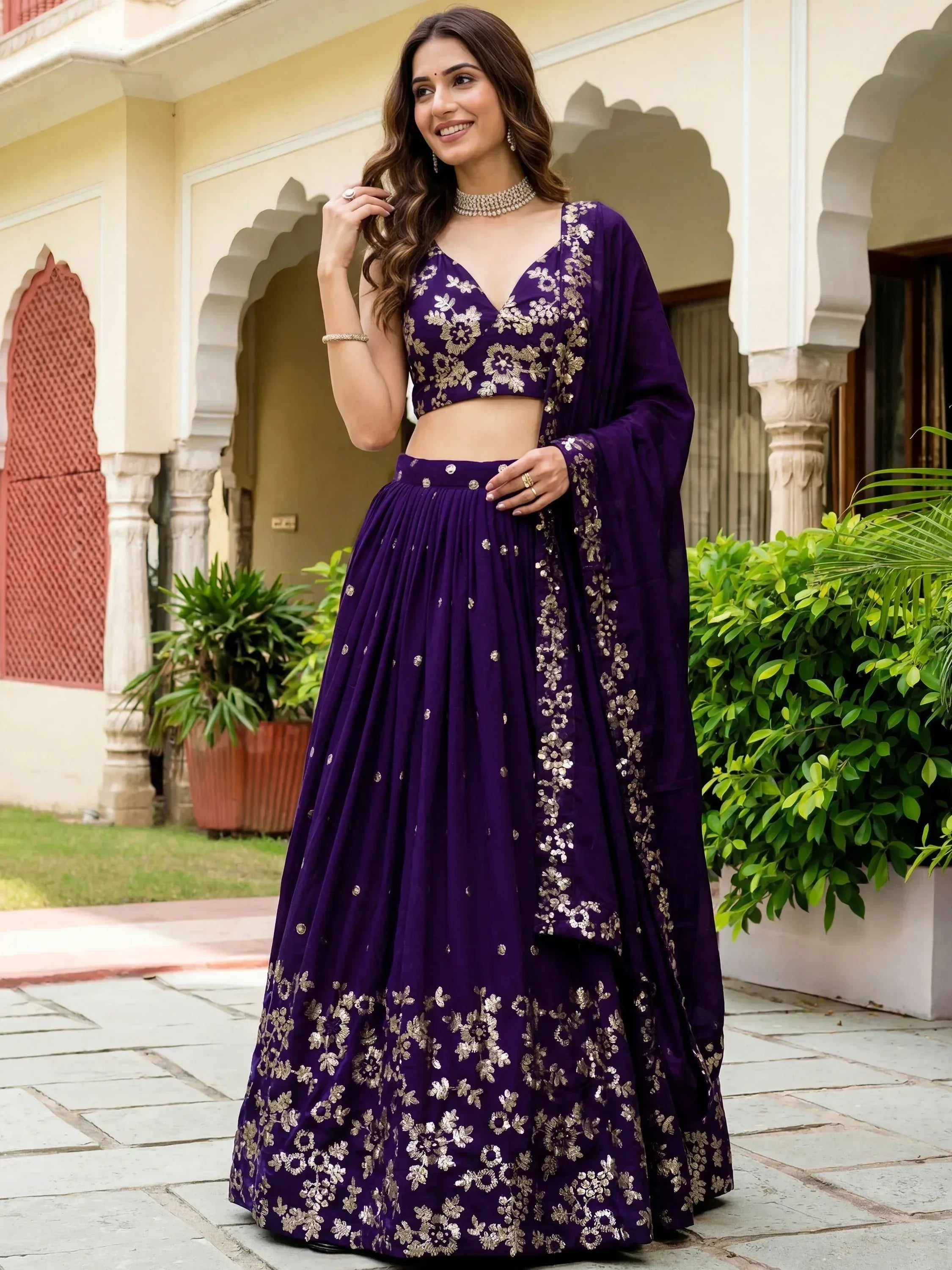 Outstanding Purple Sequins Georgette Wedding Wear Lehenga Choli