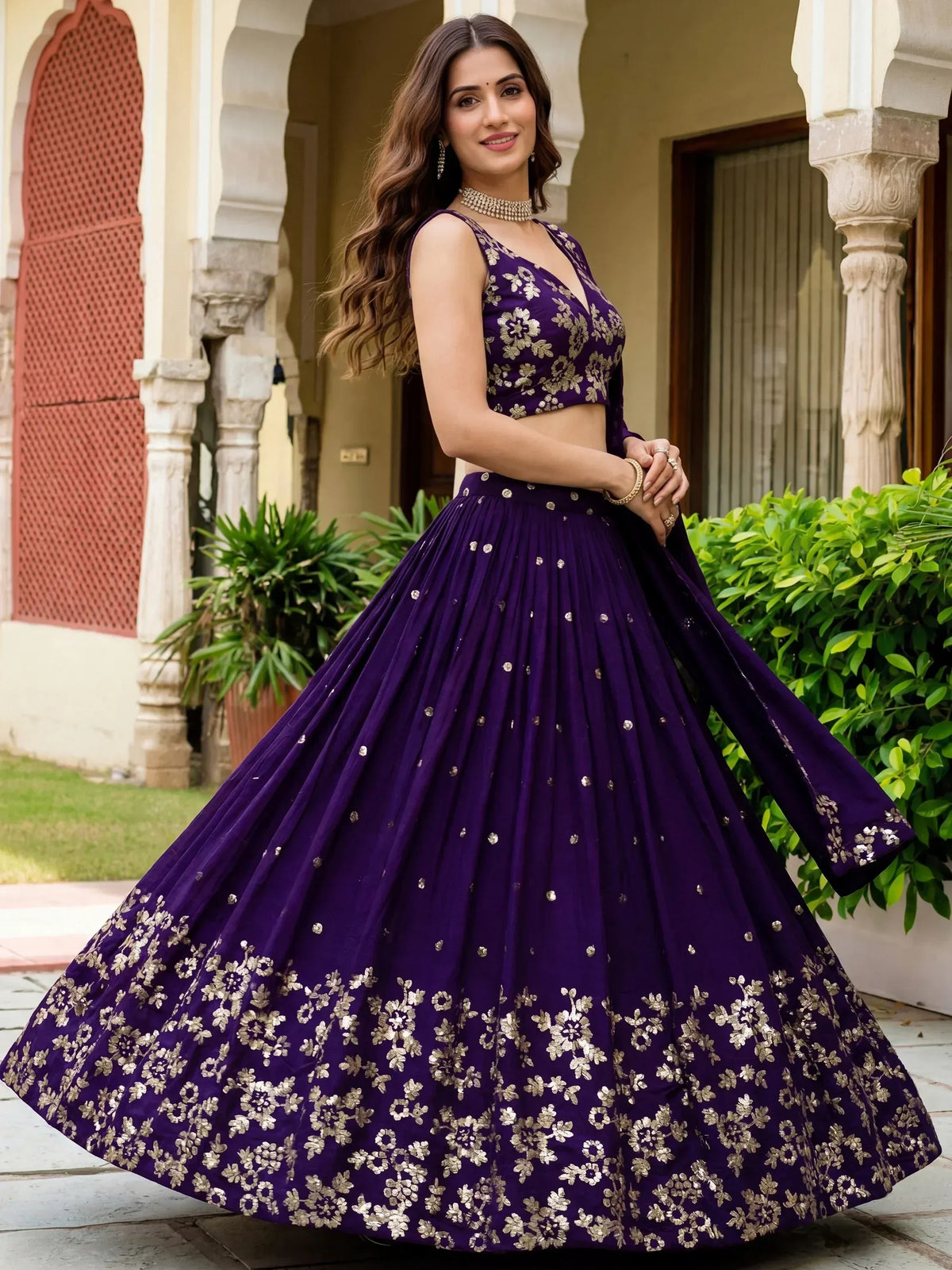 Purple floral embroidered lehenga choli with gold detailing, perfect for Indian ethnic wear occasions