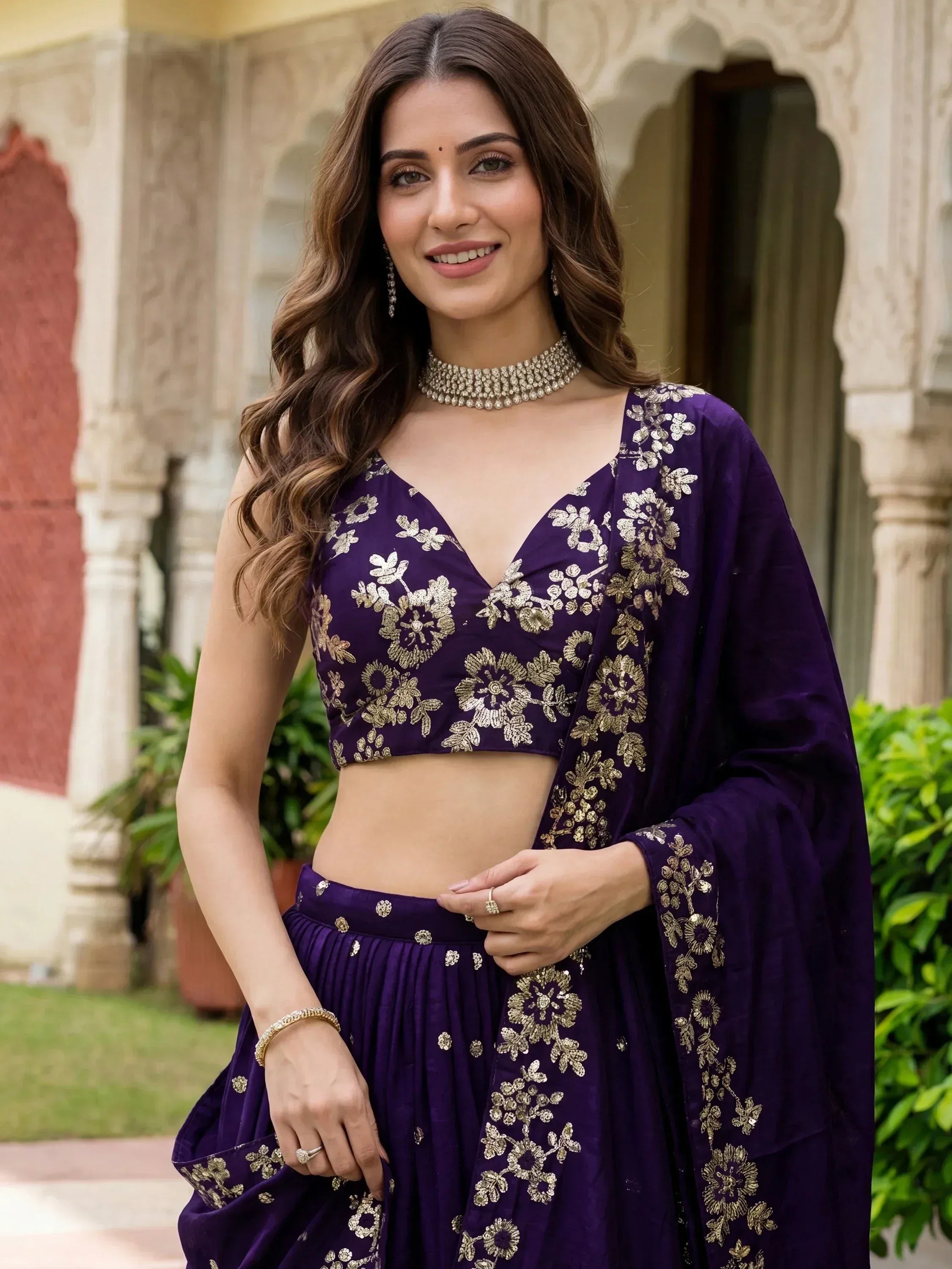 Purple floral embroidered lehenga choli with gold detailing, perfect for Indian ethnic wear occasions