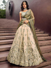 Precious Soft Beige Embroidered Silk Wedding Wear Lehenga Choli