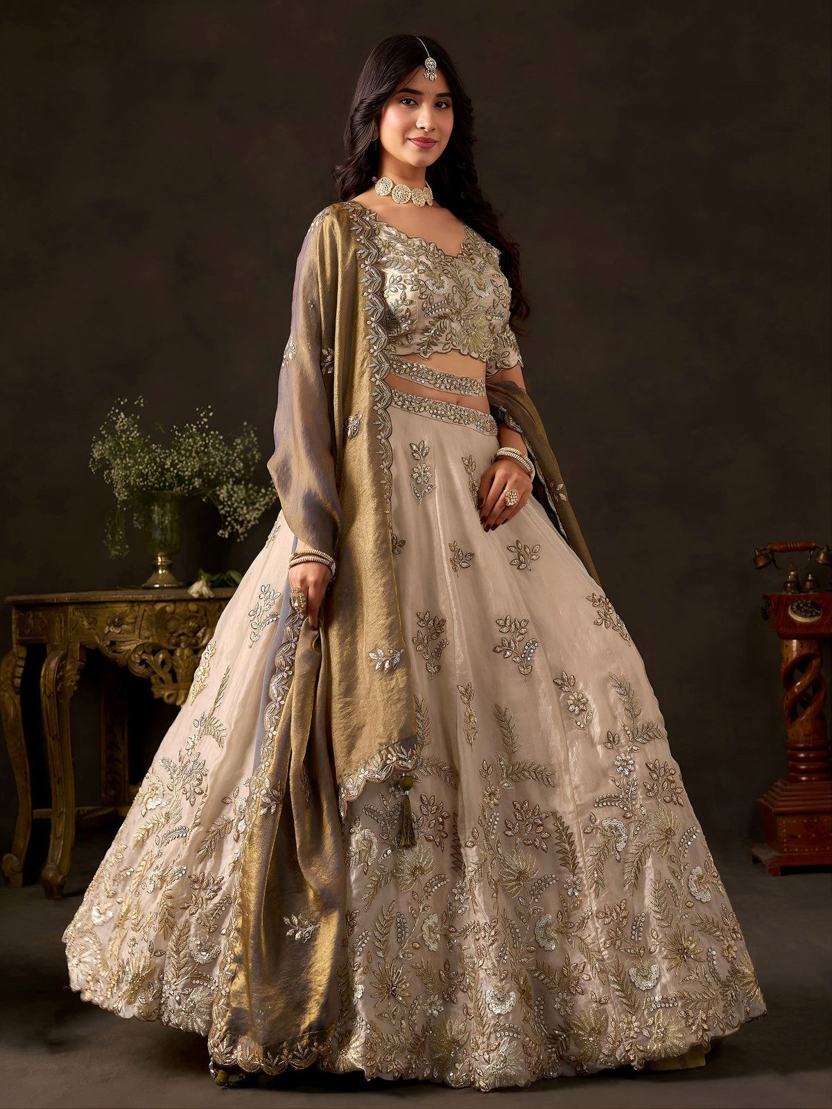 Graceful Cream Embroidered Silk Bridesmaid Wear Lehenga Choli