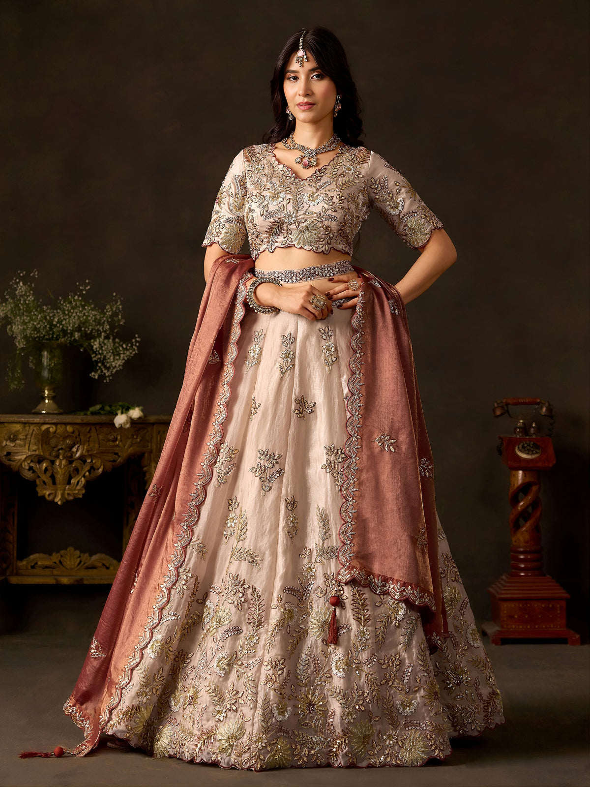 Elegant Cream Sequins Work Silk Reception Wear Lehenga Choli