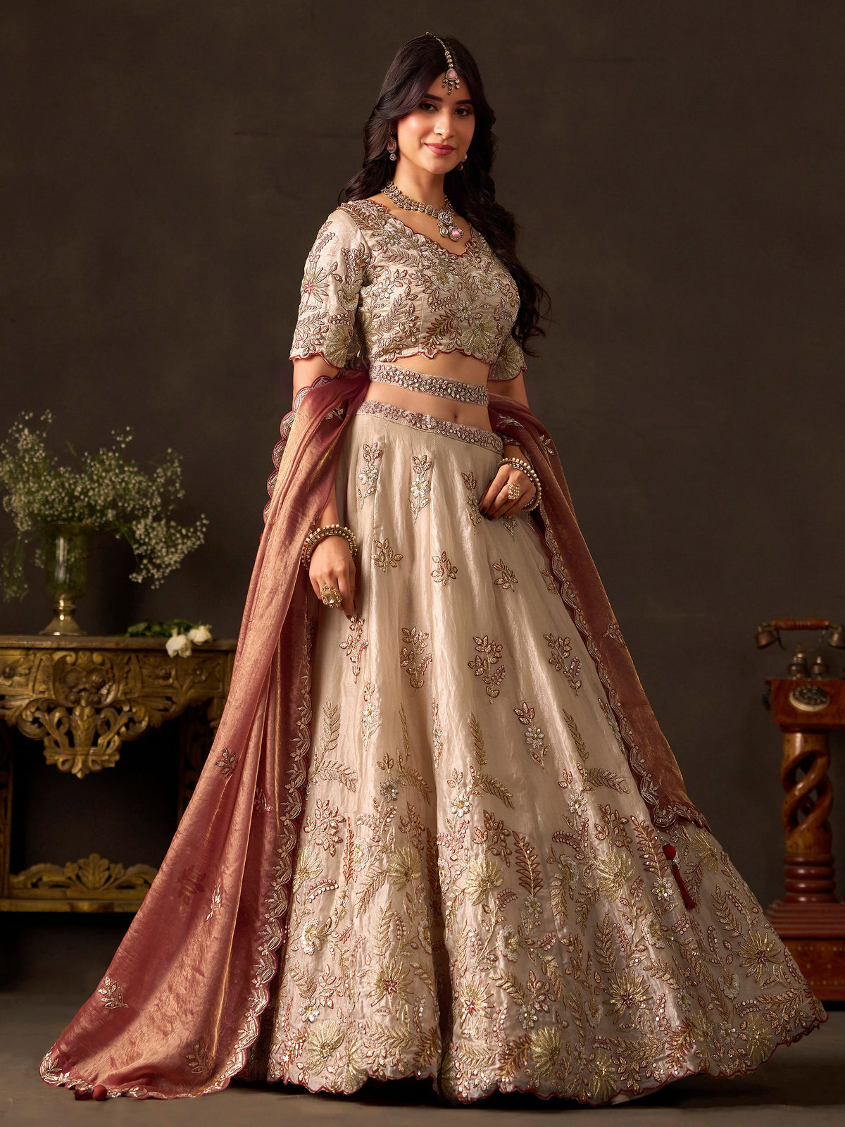 Elegant Cream Sequins Work Silk Reception Wear Lehenga Choli
