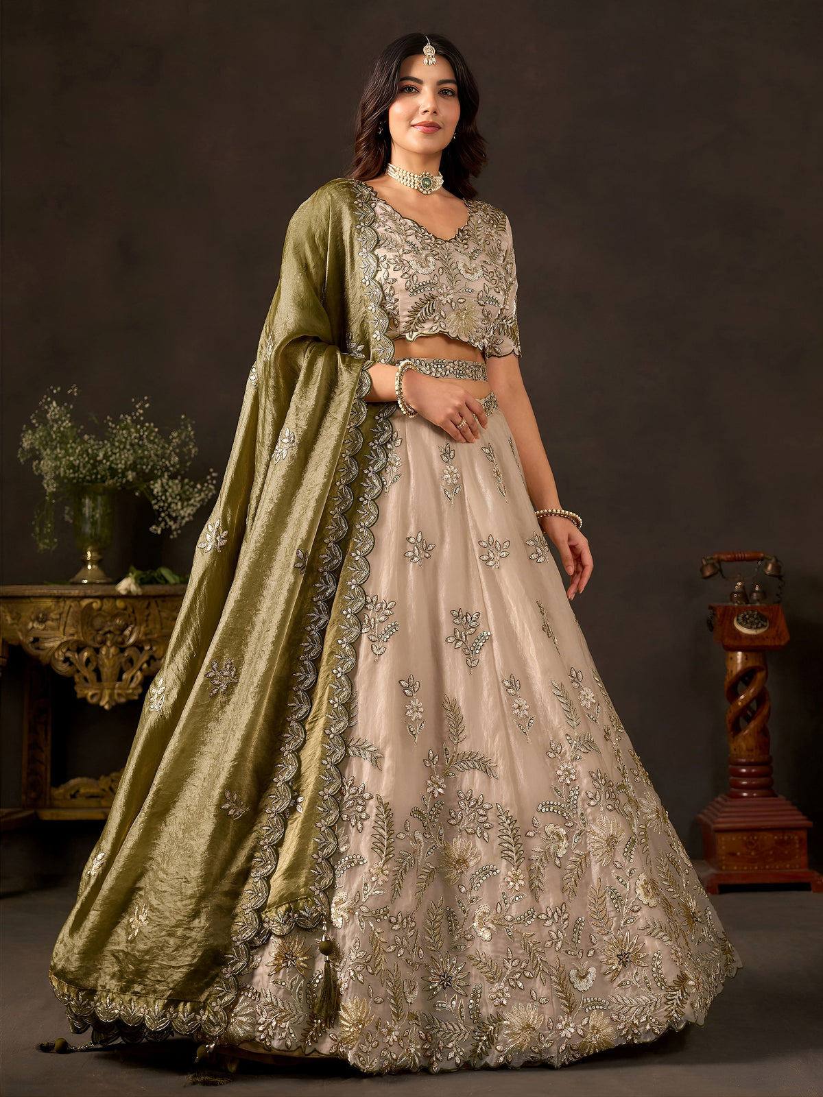 Artistic Cream Embroidered Silk Marriage Wear Lehenga Choli