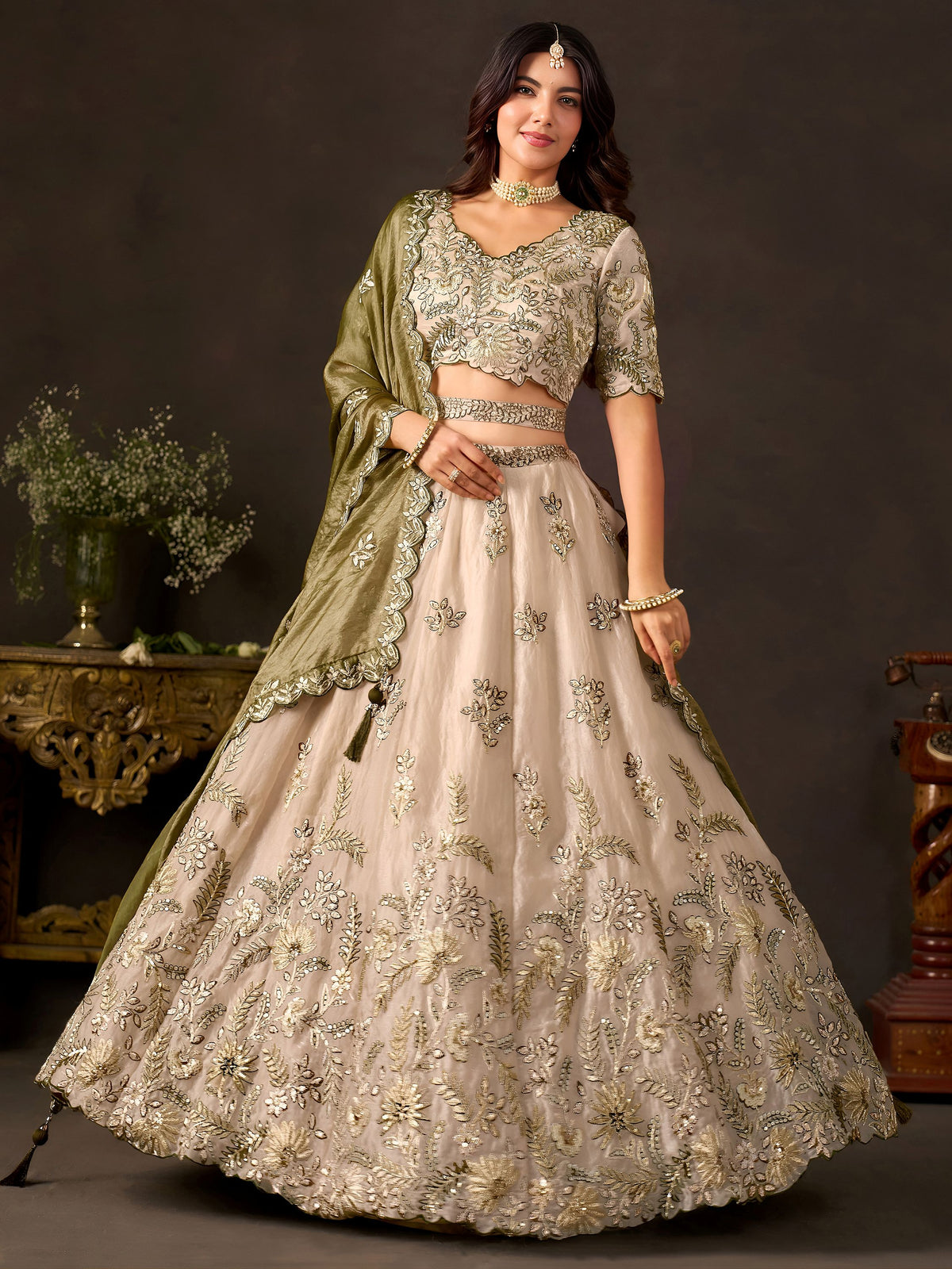 Artistic Cream Embroidered Silk Marriage Wear Lehenga Choli