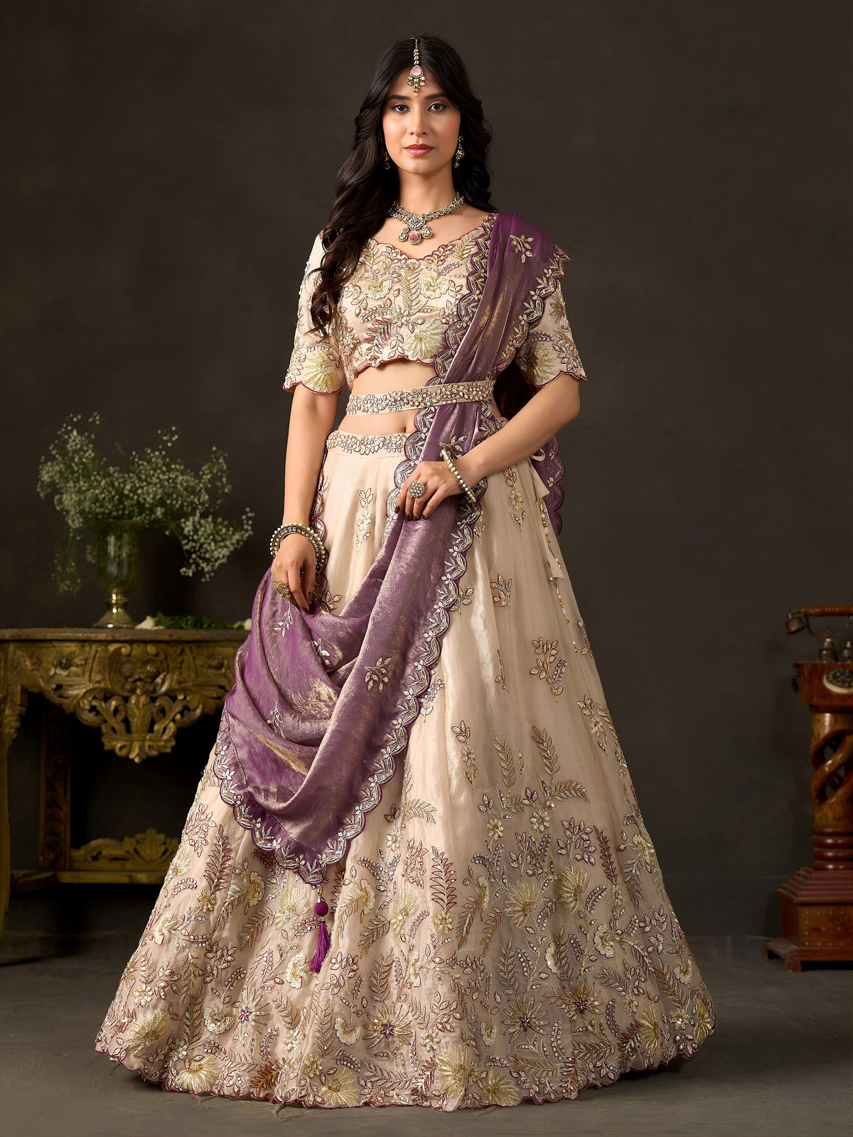 Glamorous Cream Sequins Work Silk Wedding Wear Lehenga Choli