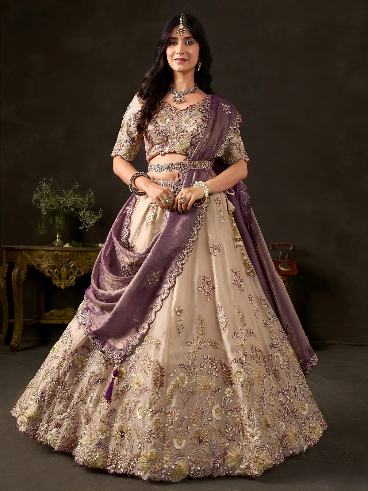 Glamorous Cream Sequins Work Silk Wedding Wear Lehenga Choli