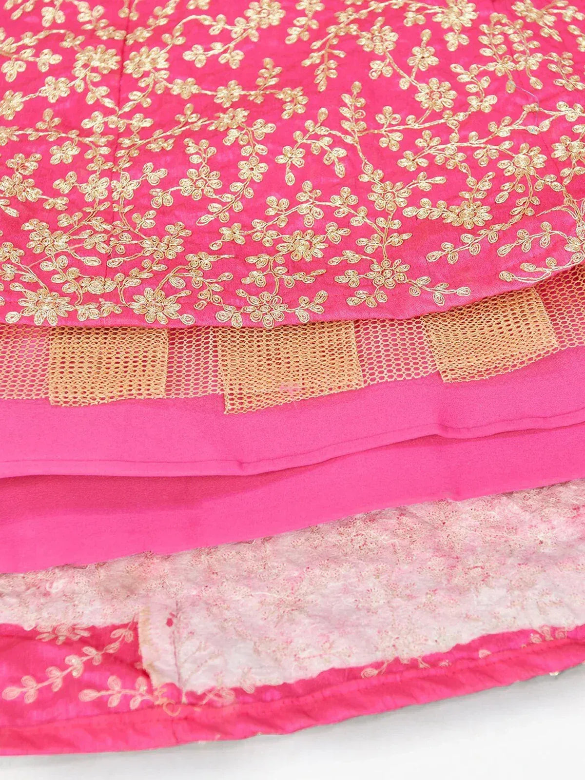 Pink embroidered lehenga with gold floral detailing and lace trim, ideal for ethnic wear