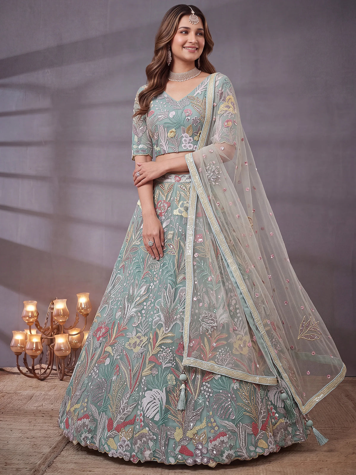 Notable Sky Blue Floral Embroidery Net Wedding Wear Lehenga With Blouse