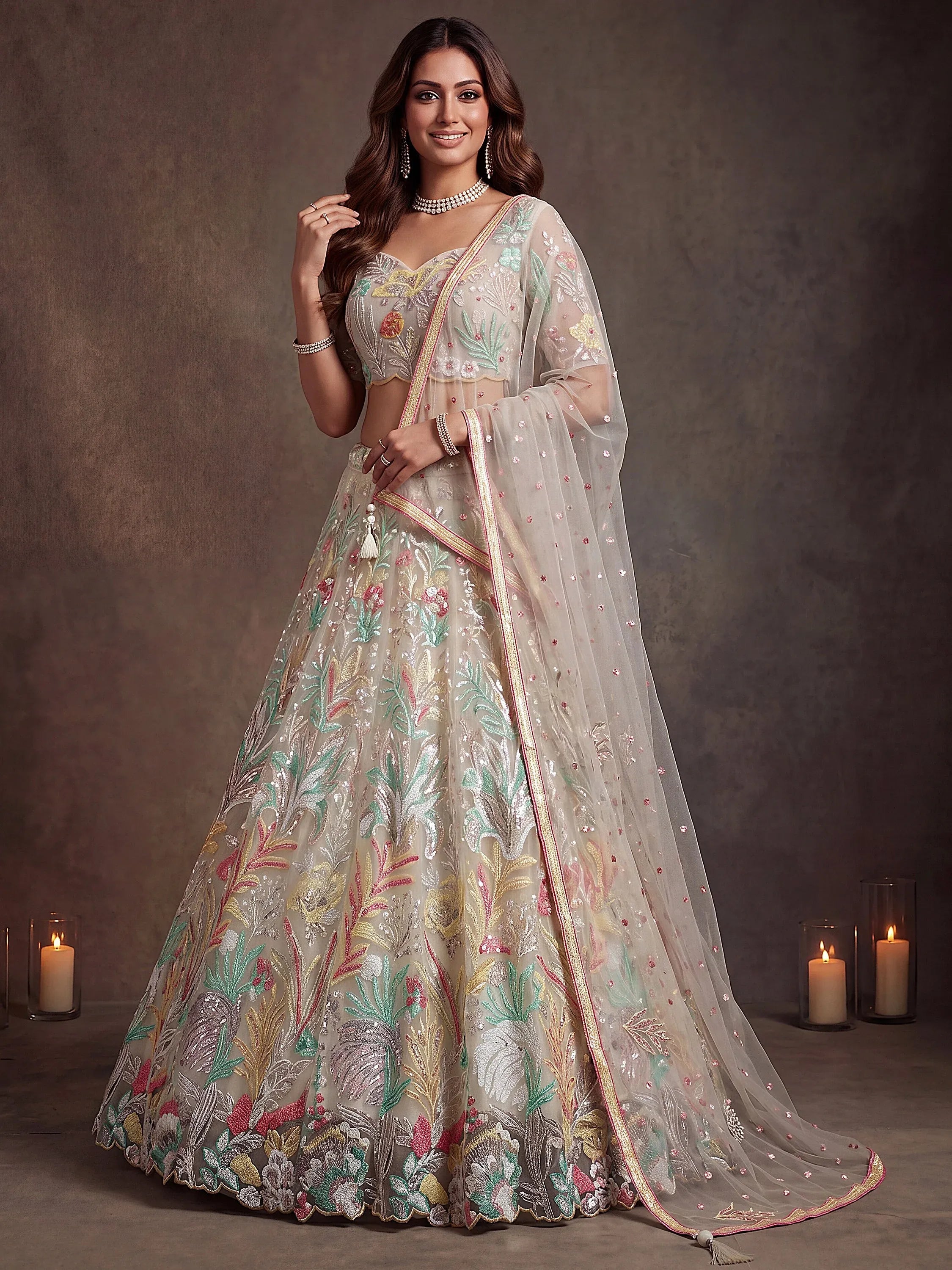 Glowing Off-White Sequins Net Engagement Wear Plus Size Lehenga Choli