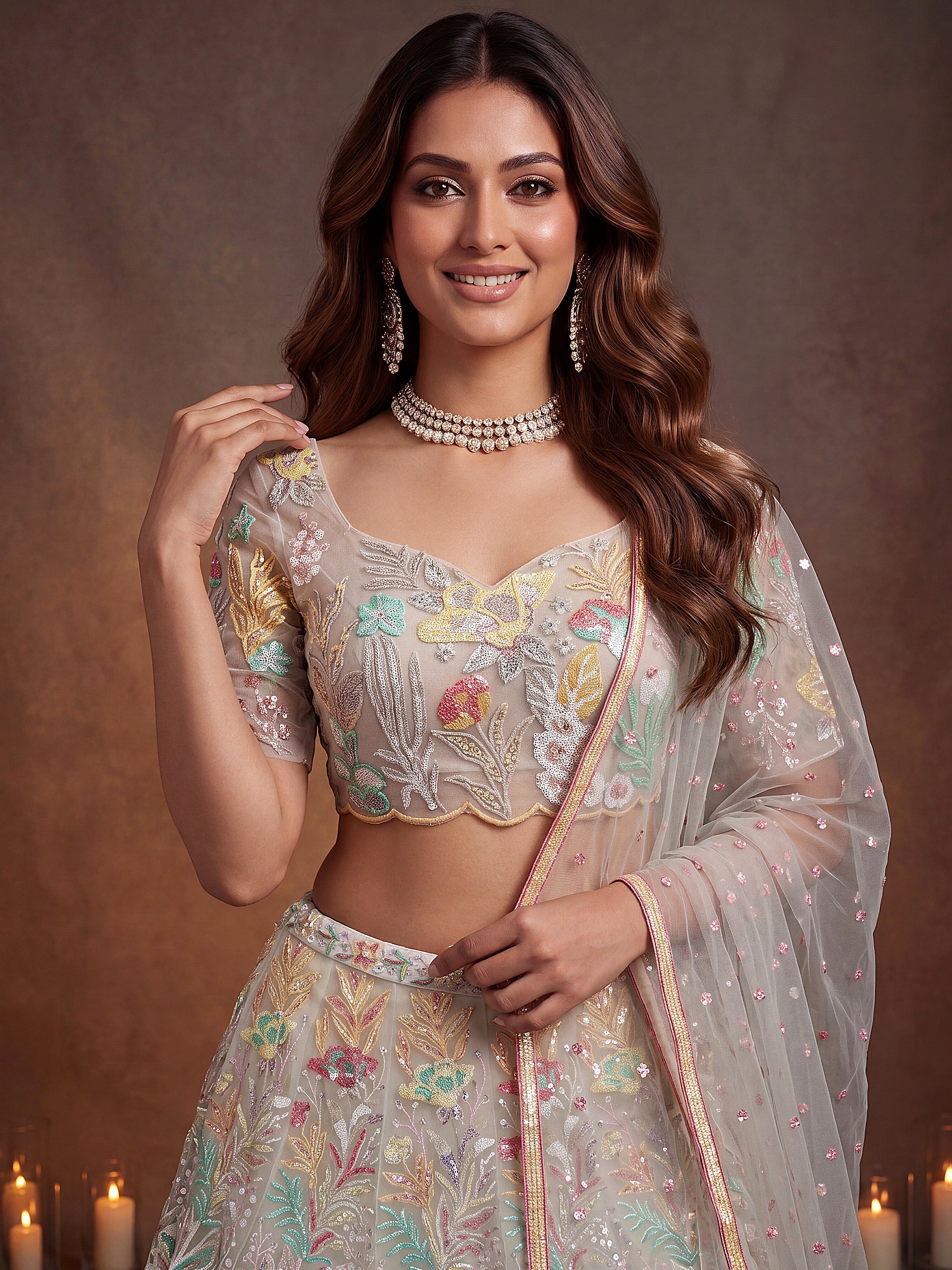 Glowing Off-White Sequins Net Engagement Wear Plus Size Lehenga Choli