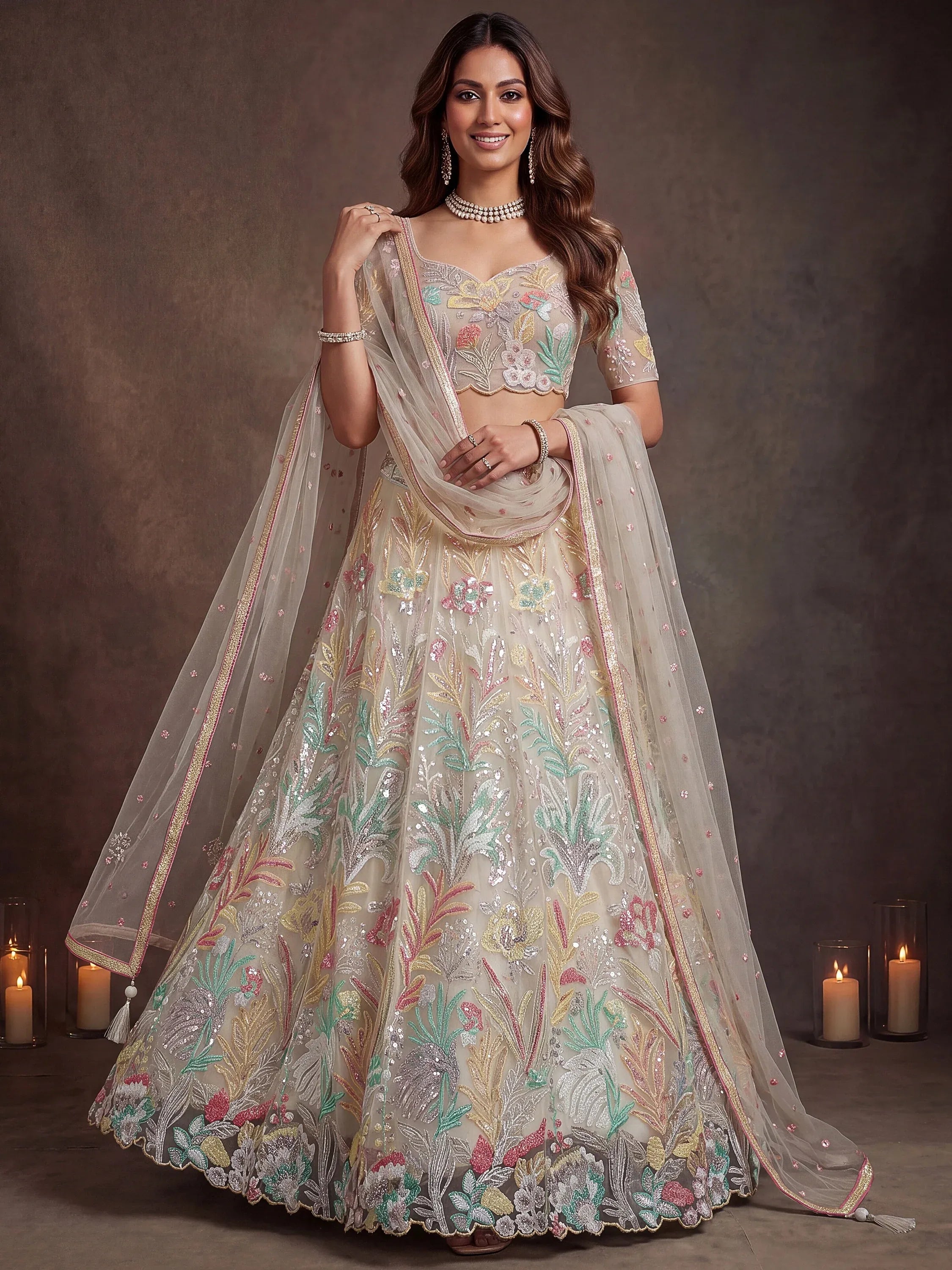 Glowing Off-White Sequins Net Engagement Wear Plus Size Lehenga Choli
