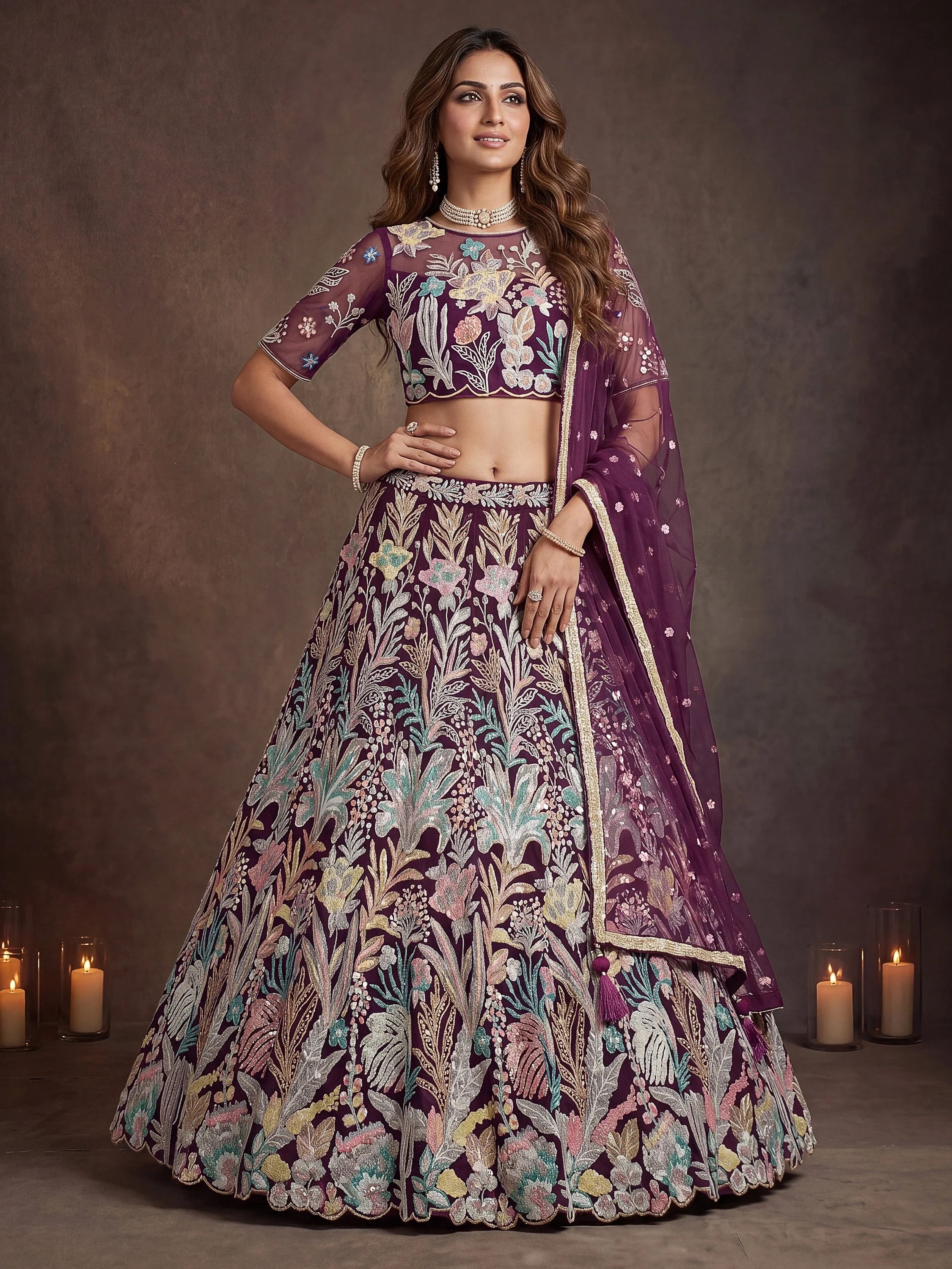 Awesome Wine Sequins Net Reception Wear Lehenga Choli with Dupatta