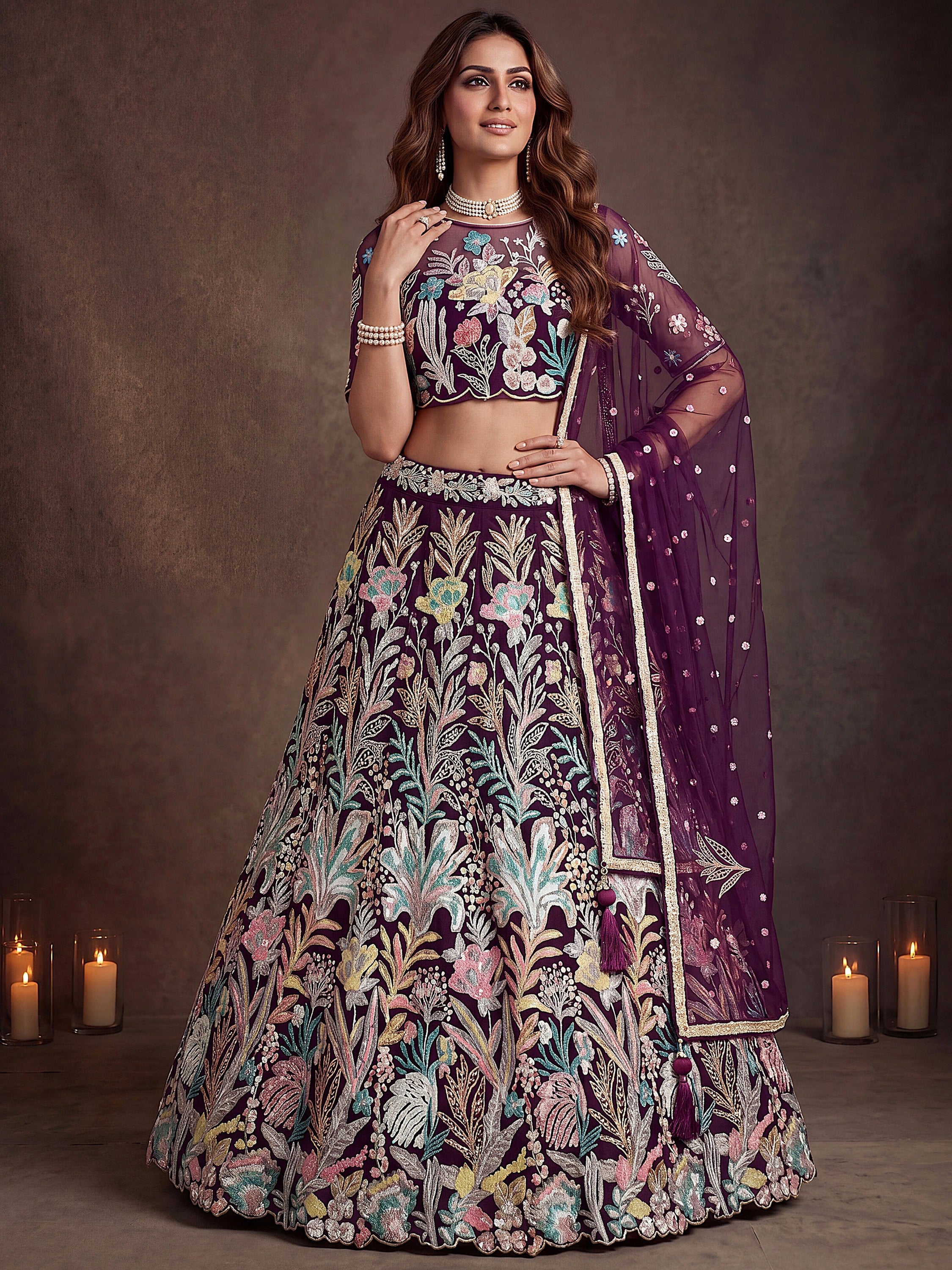 Outstanding Wine Sequins Net Party Wear Plus Size Lehenga Choli