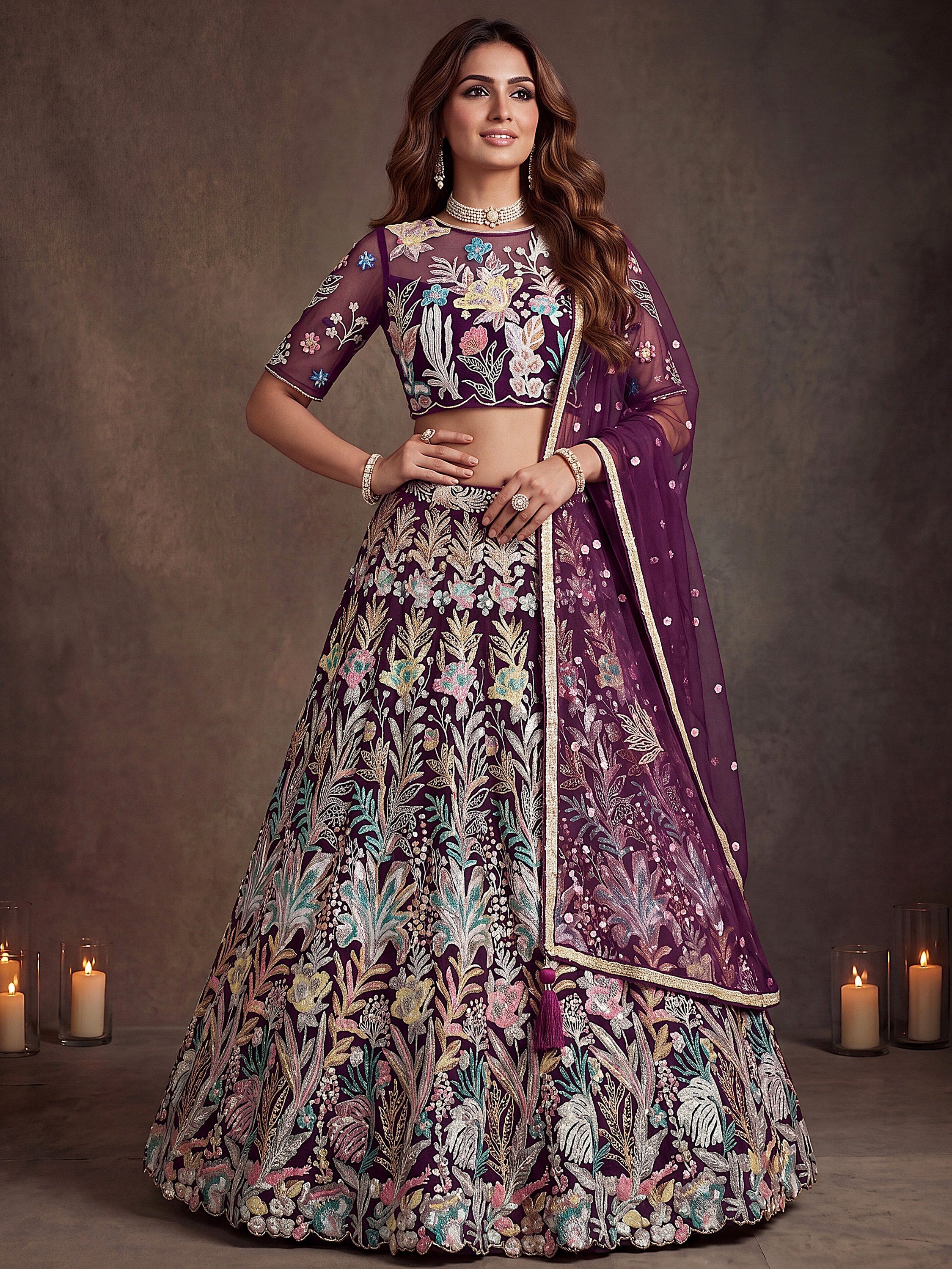 Outstanding Wine Sequins Net Party Wear Plus Size Lehenga Choli