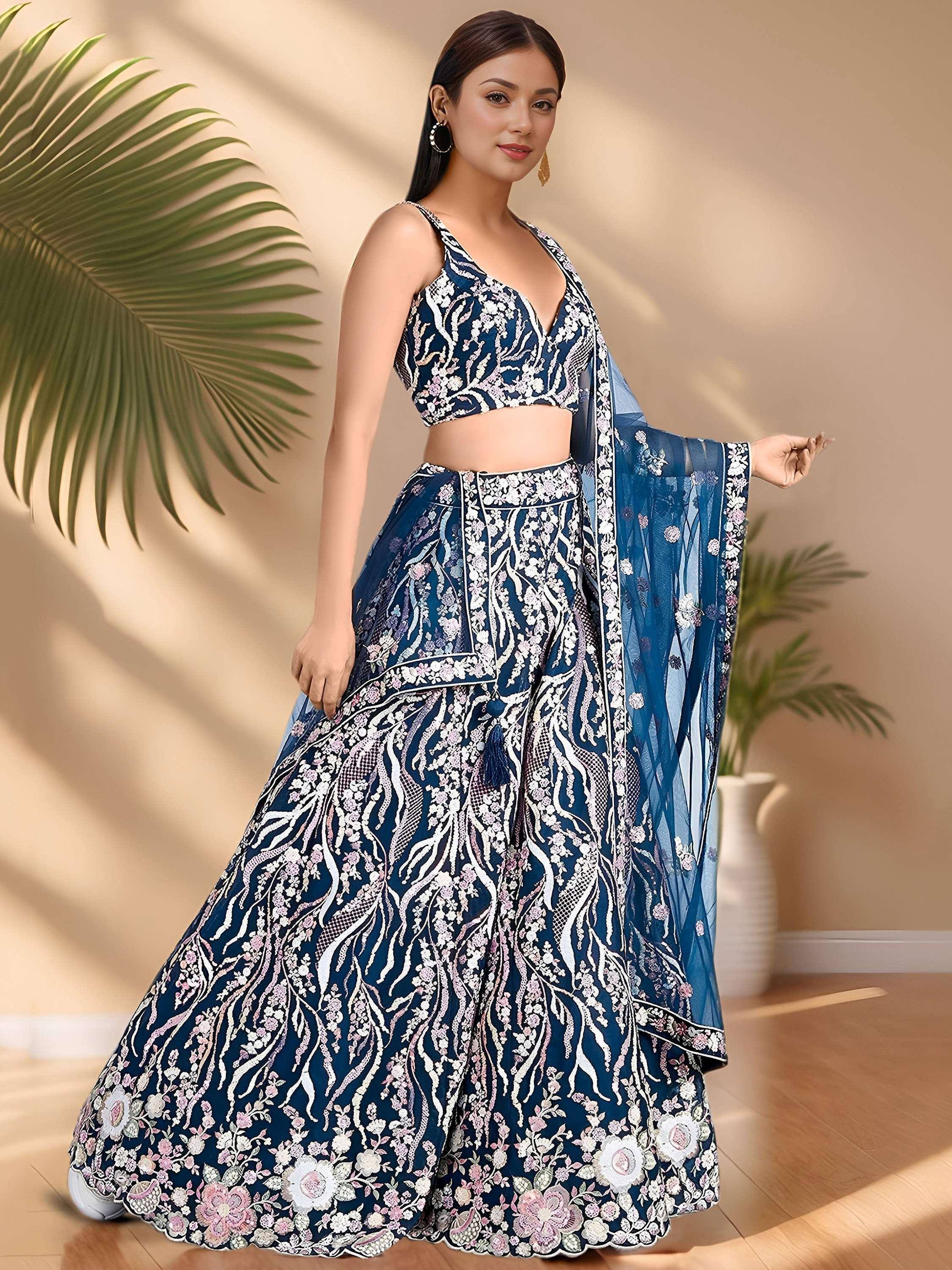 Blue floral embroidered lehenga choli with sheer dupatta, Indian ethnic wear for women