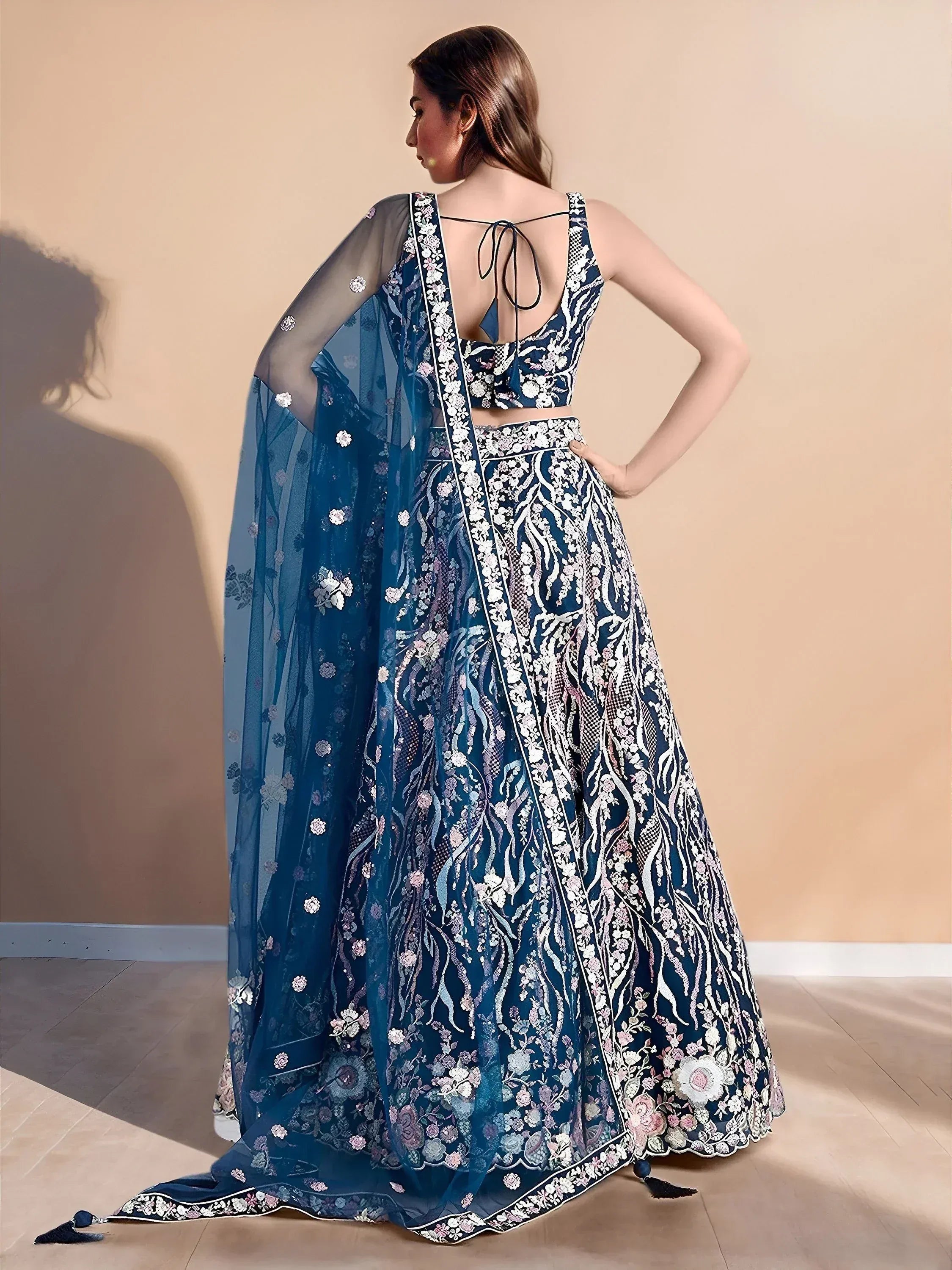 Blue floral embroidered lehenga choli with sheer dupatta, Indian ethnic wear for women