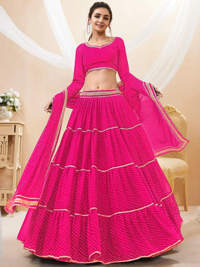 Fabulous Pink Leheriya Printed Georgette Function Wear Lehenga Choli