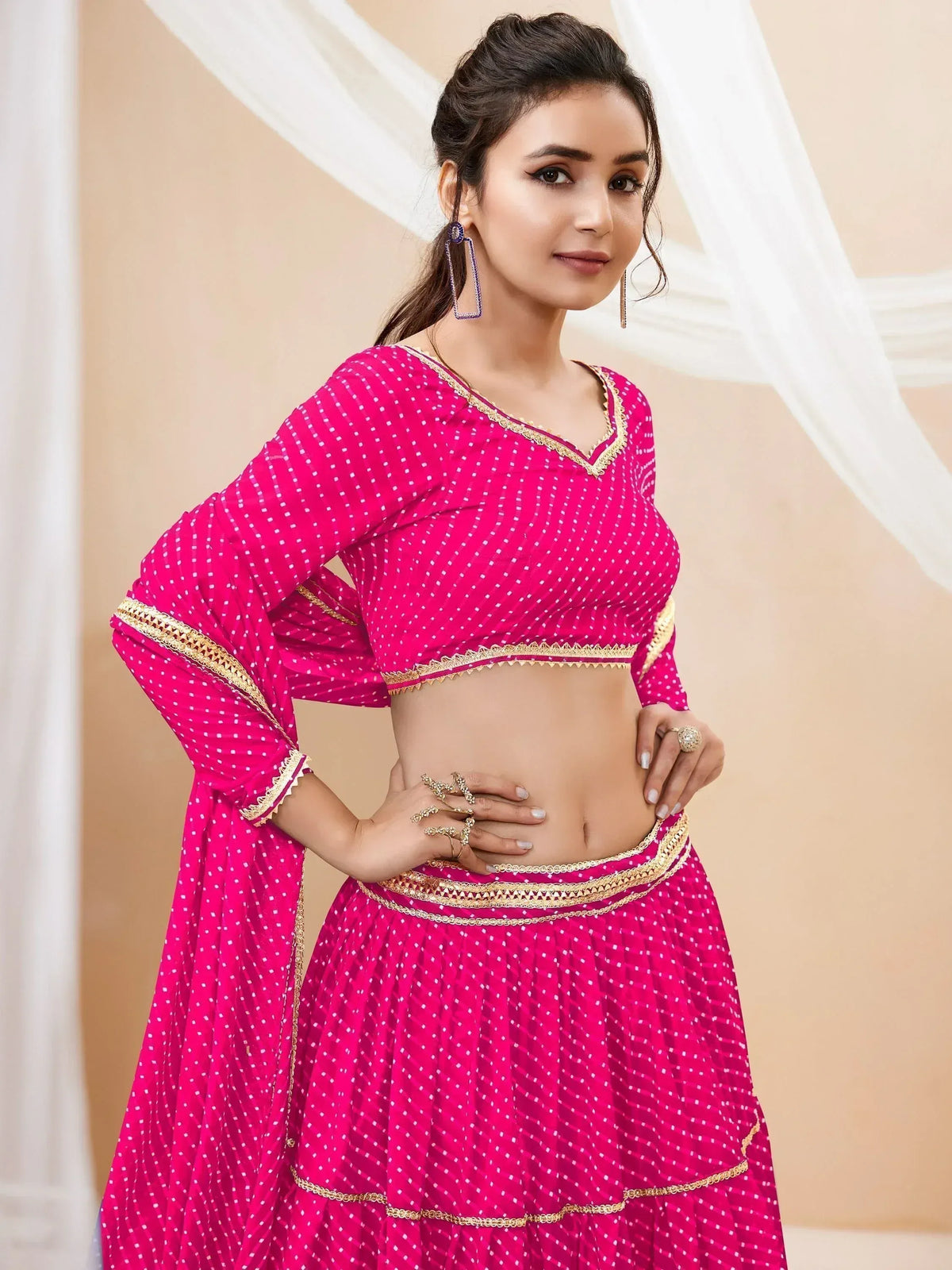 Pink polka dot lehenga choli with gold trim, Indian ethnic wear for women