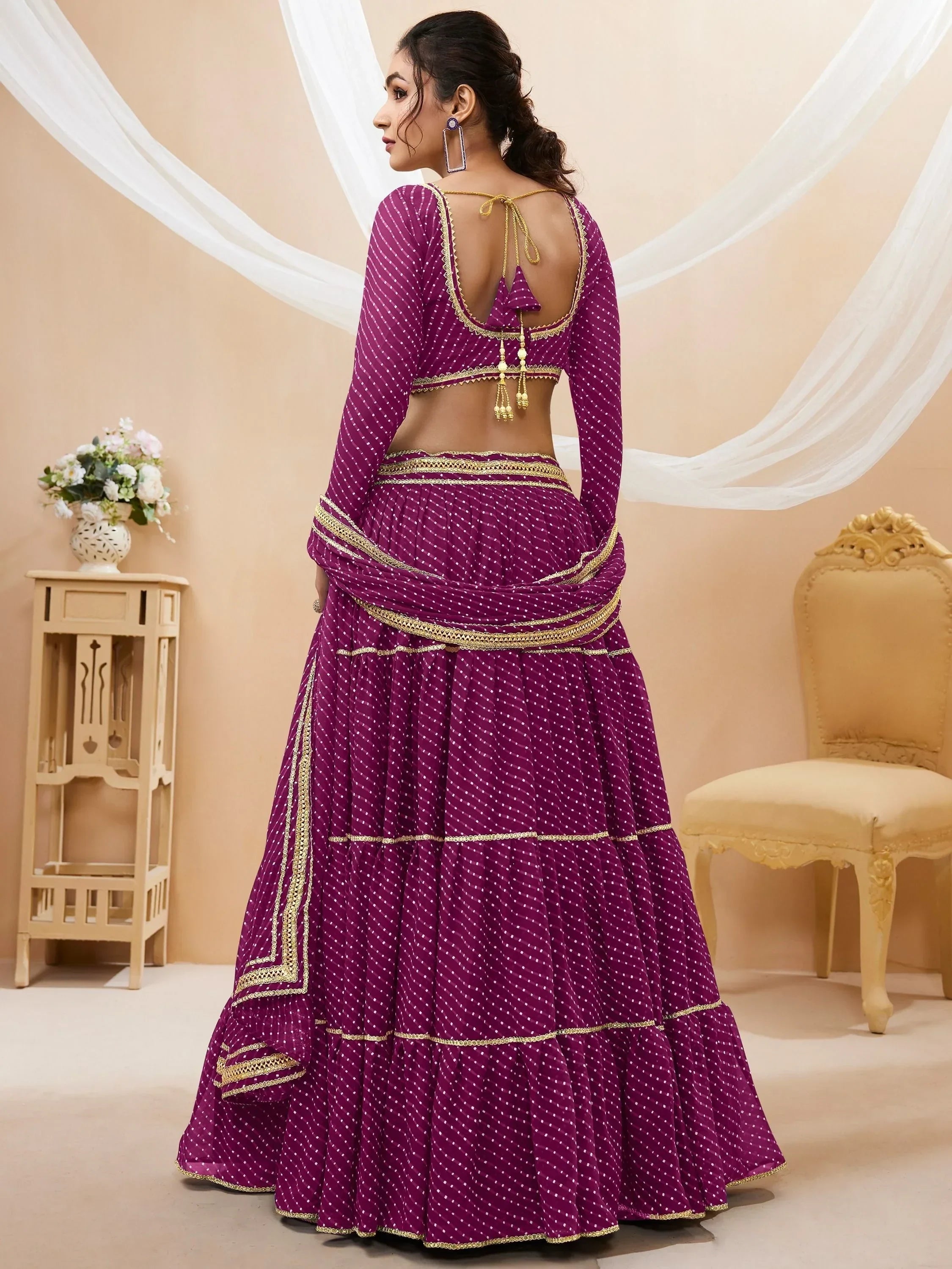 Purple polka dot lehenga choli with gold trim, back view, ethnic Indian wear