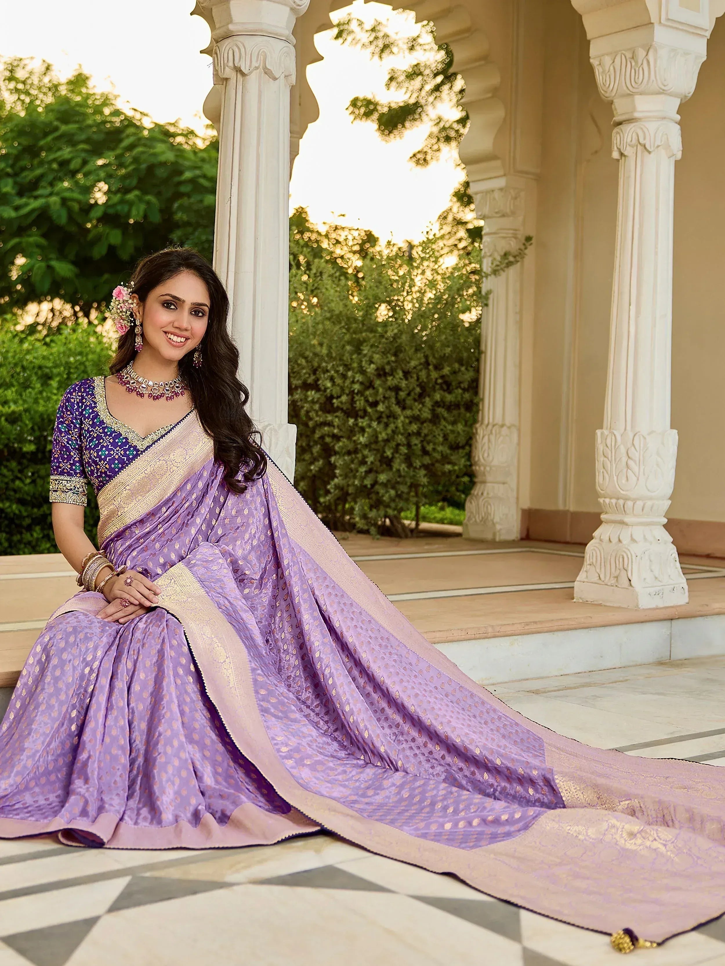 Adorable Lavender Zari Weaving Silk Wedding Wear Saree With Blouse
