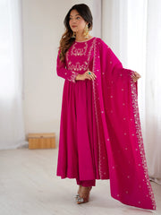 Glowing Pink Beads Work Chanderi Silk Festival Wear Anarkali Suit