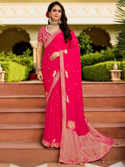 Incredible Pink Zari Weaving Silk Festive Wear Saree With Blouse