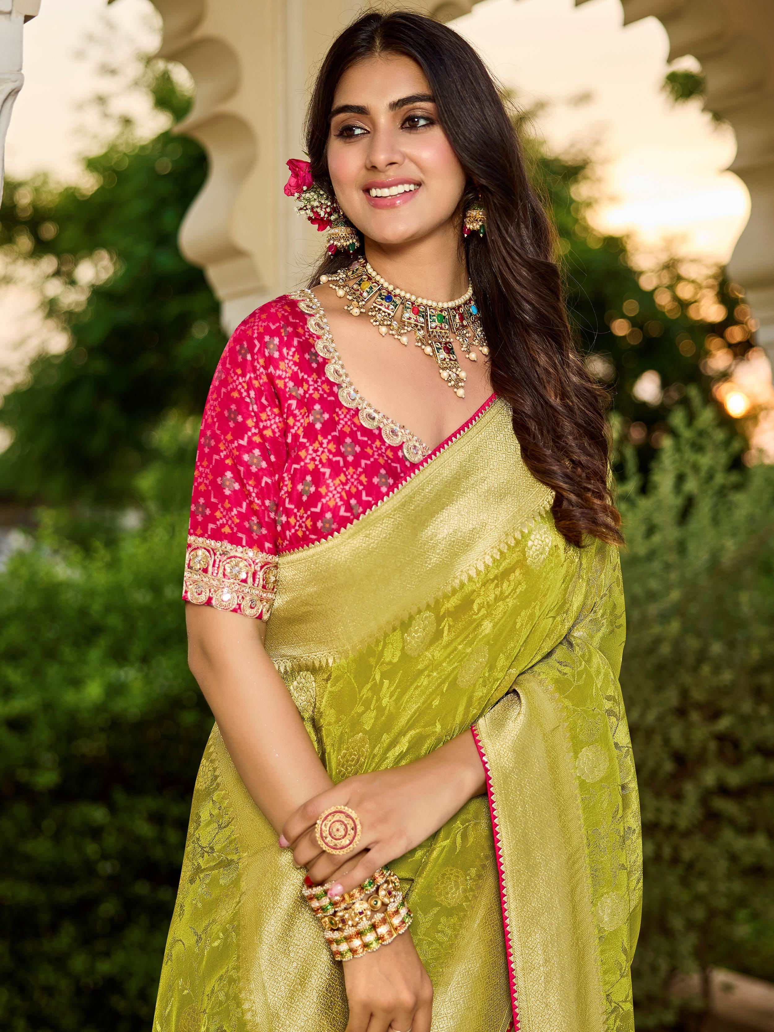 Outstanding Green Zari Weaving Silk Function Wear Saree With Blouse