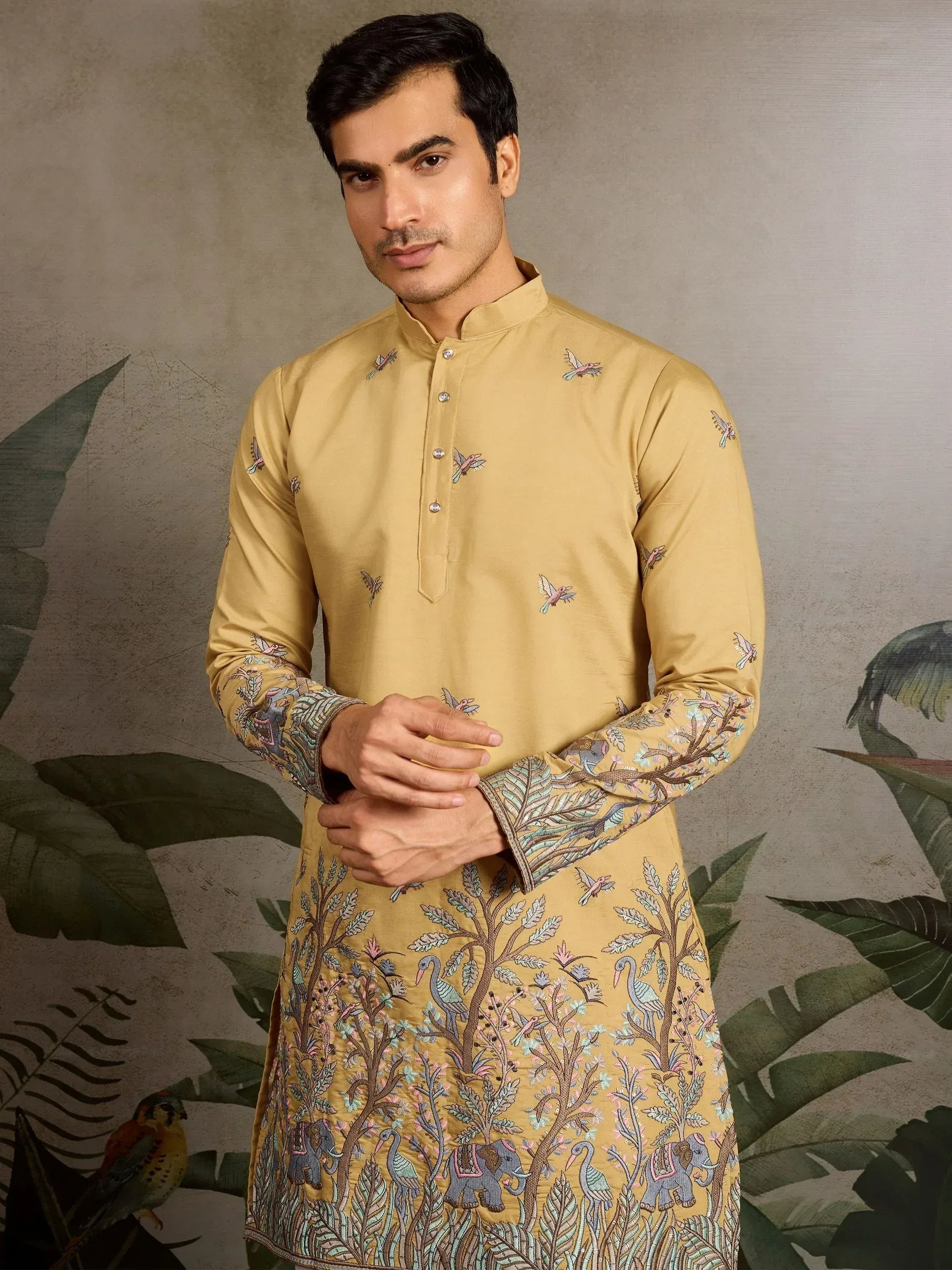 Men's mustard yellow kurta with bird and elephant embroidery, ethnic wear for festive occasions