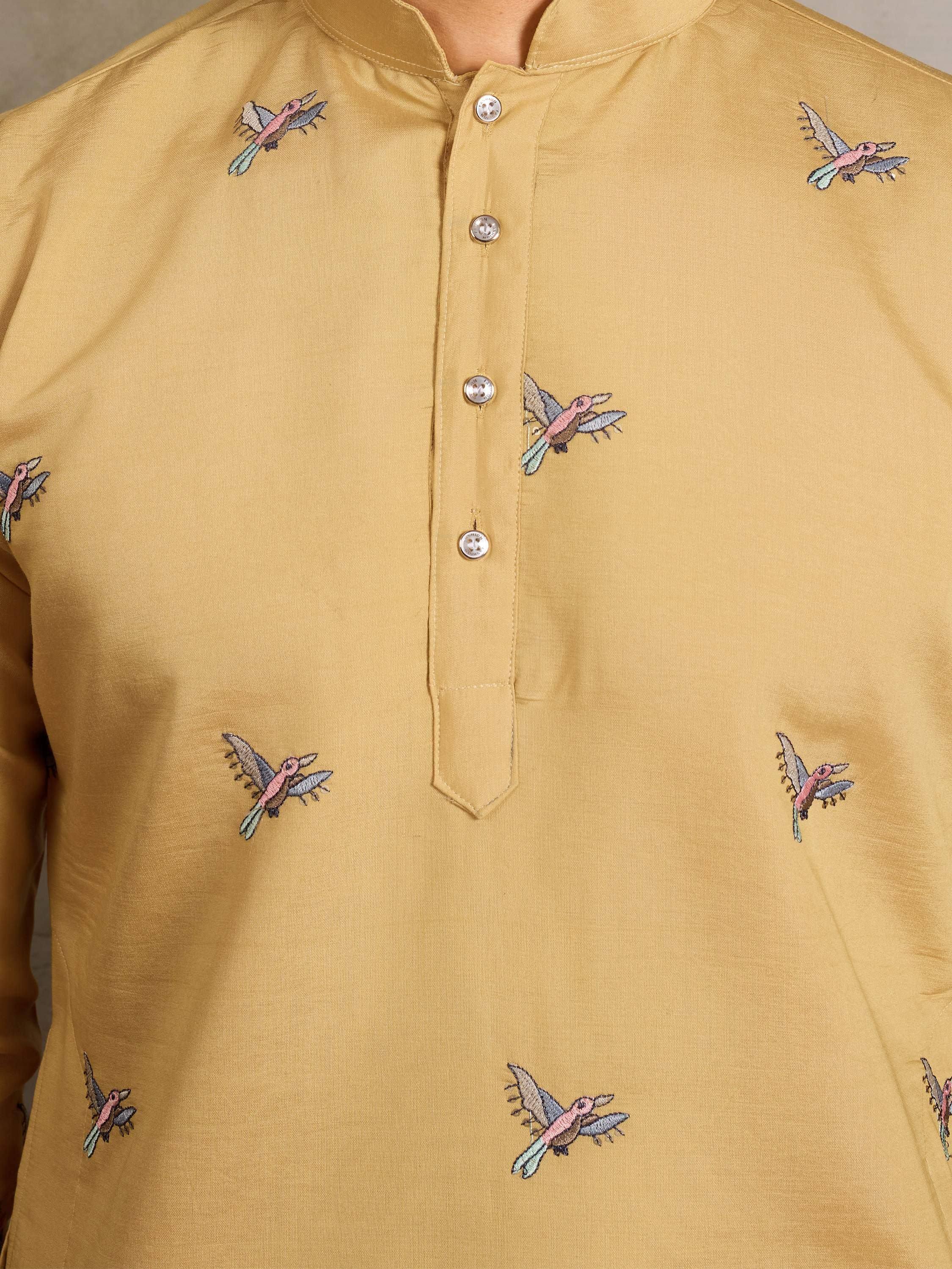 Mustard yellow ethnic kurta with colorful bird embroidery and button placket