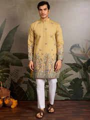 Precious Yellow Thread Work Viscose Wedding For Men Kurta