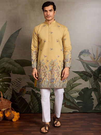 Precious Yellow Thread Work Viscose Wedding For Men Kurta