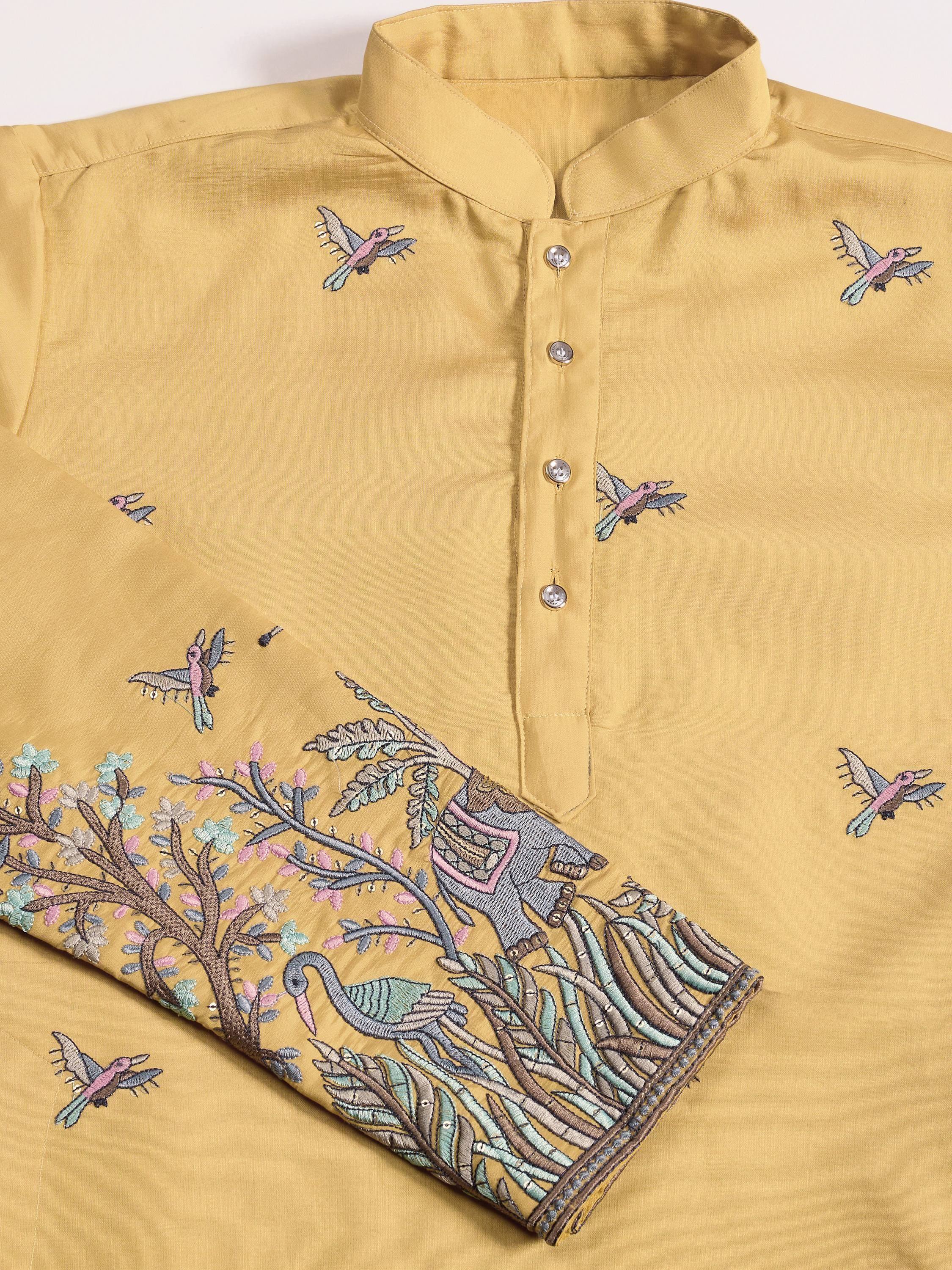 Mustard yellow kurta with bird and floral embroidery, ethnic wear for men