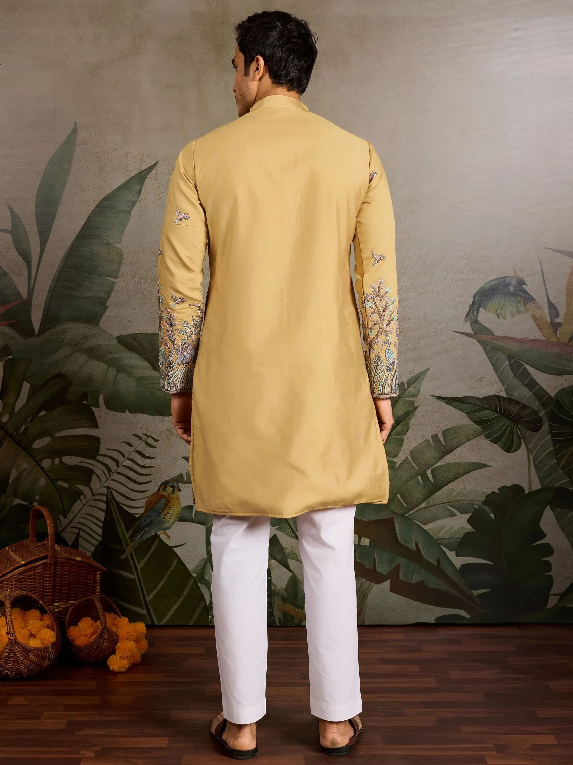 Precious Yellow Thread Work Viscose Wedding For Men Kurta