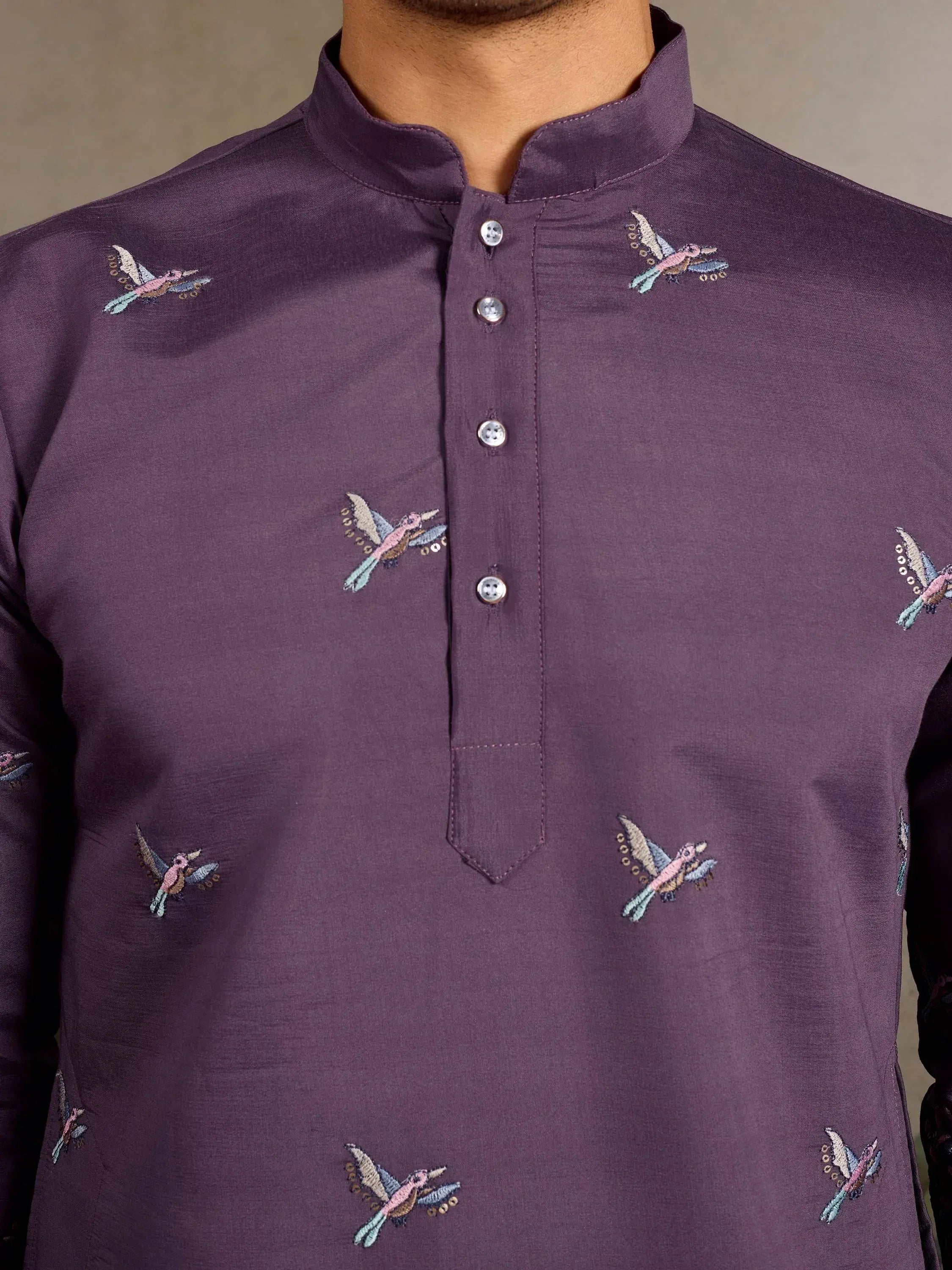 Purple ethnic kurta with bird embroidery, mandarin collar, and button placket for men