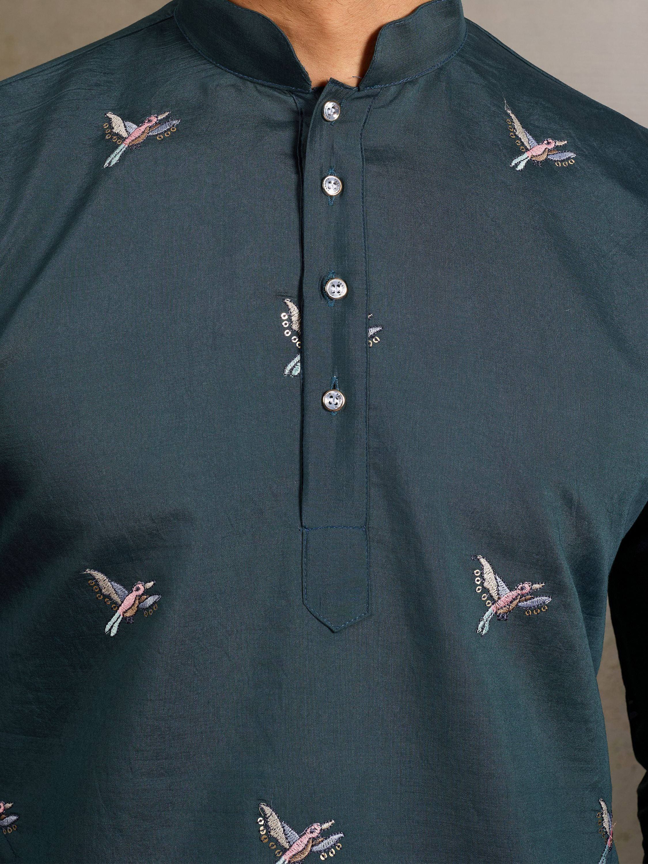 Dark green kurta with colorful bird embroidery, mandarin collar, and button placket for men's ethnic wear