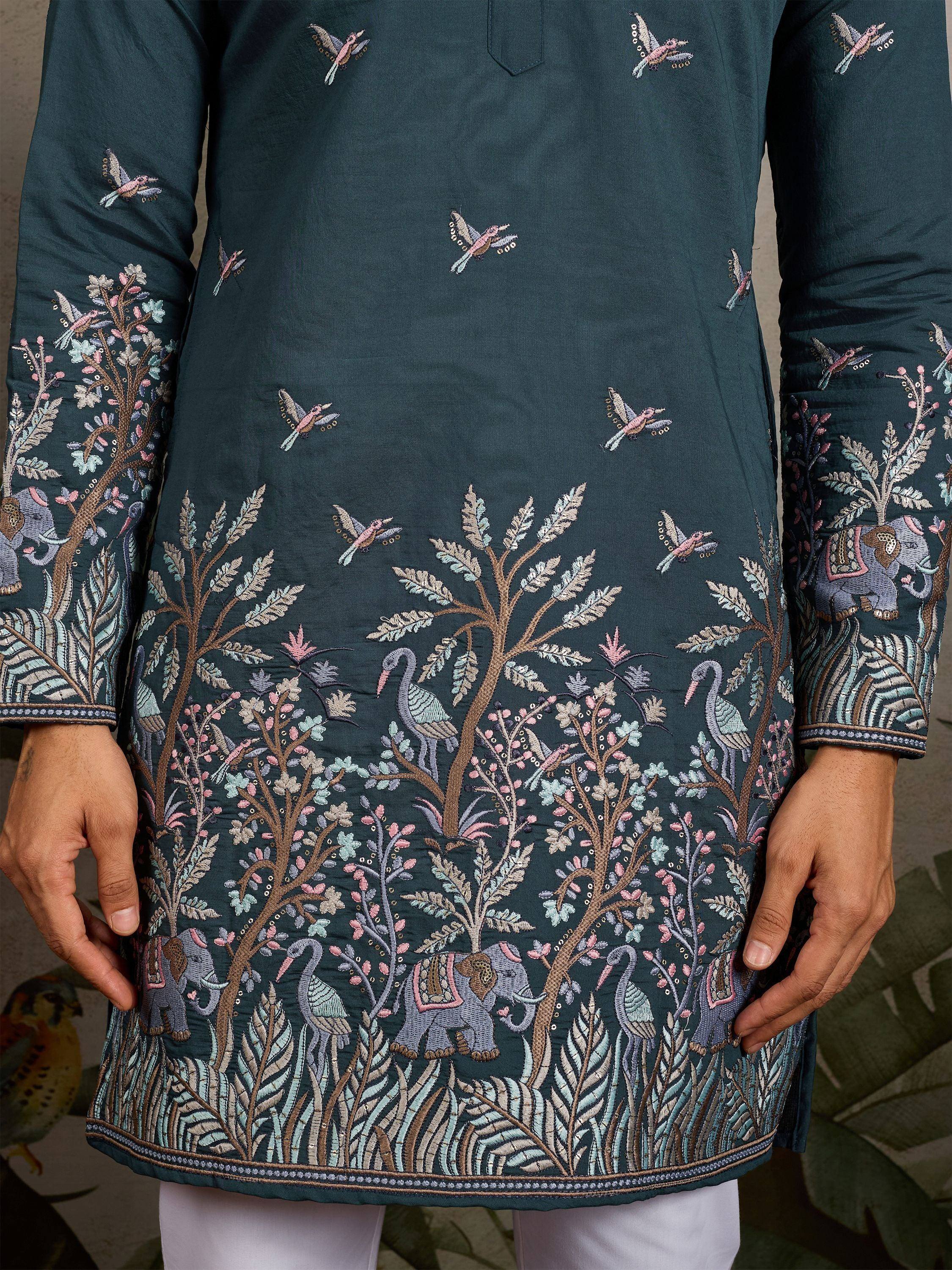 Dark green embroidered kurta with birds, elephants, and floral motifs for ethnic wear
