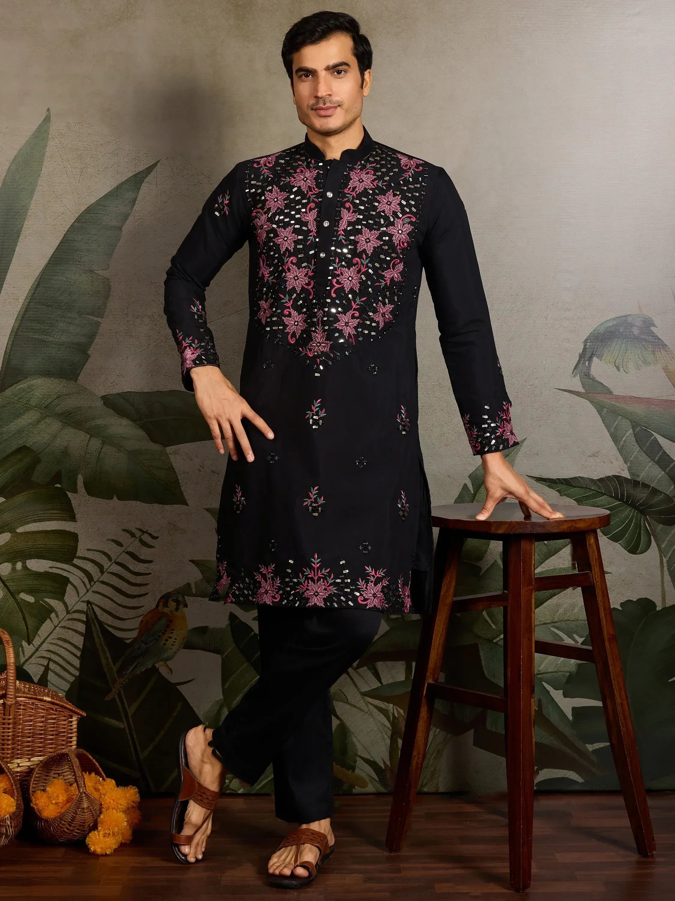 Black embroidered kurta with pink floral design, ethnic wear for men, traditional Indian outfit