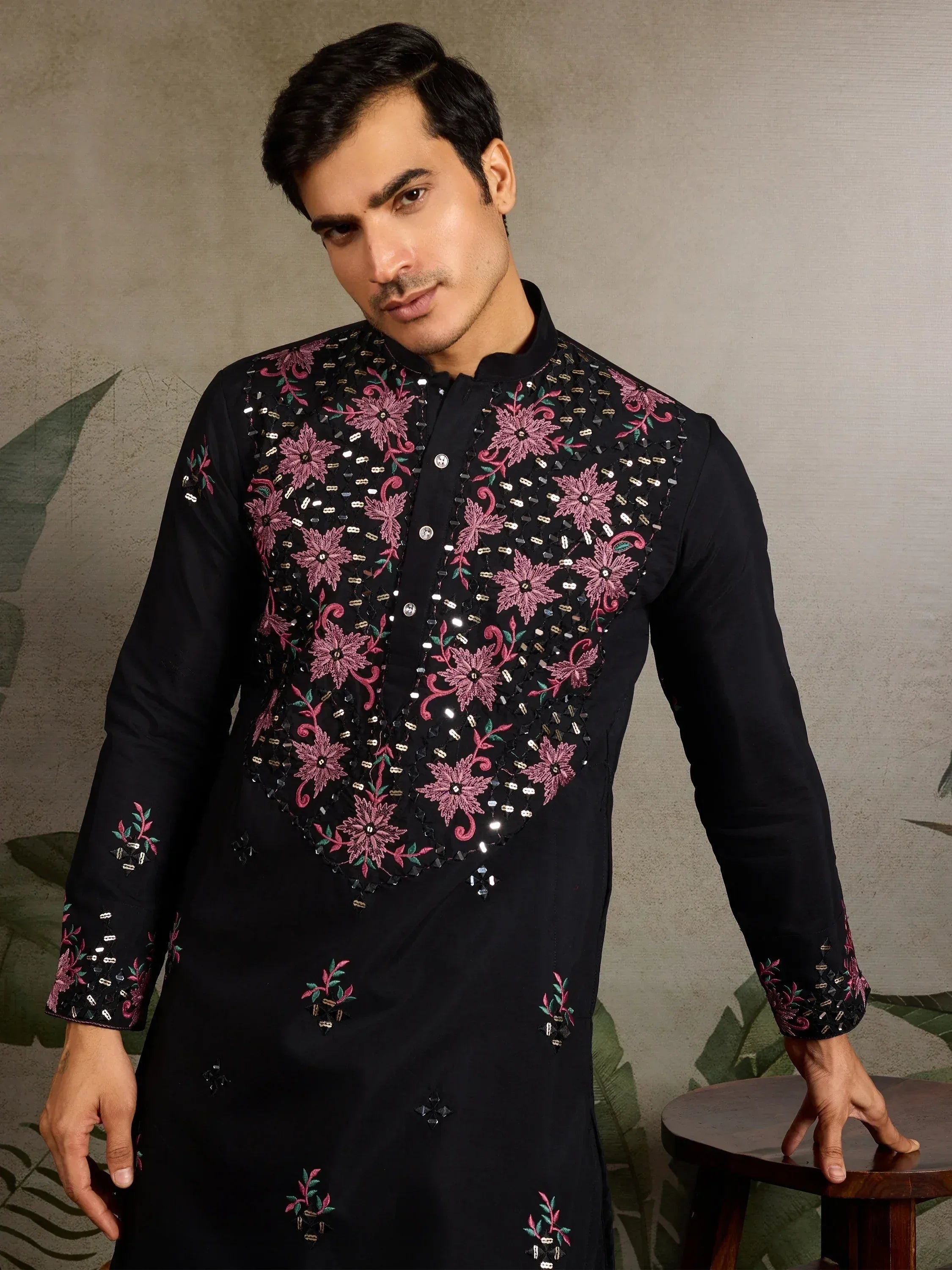 Black men's kurta with pink floral embroidery and sequins for ethnic wear