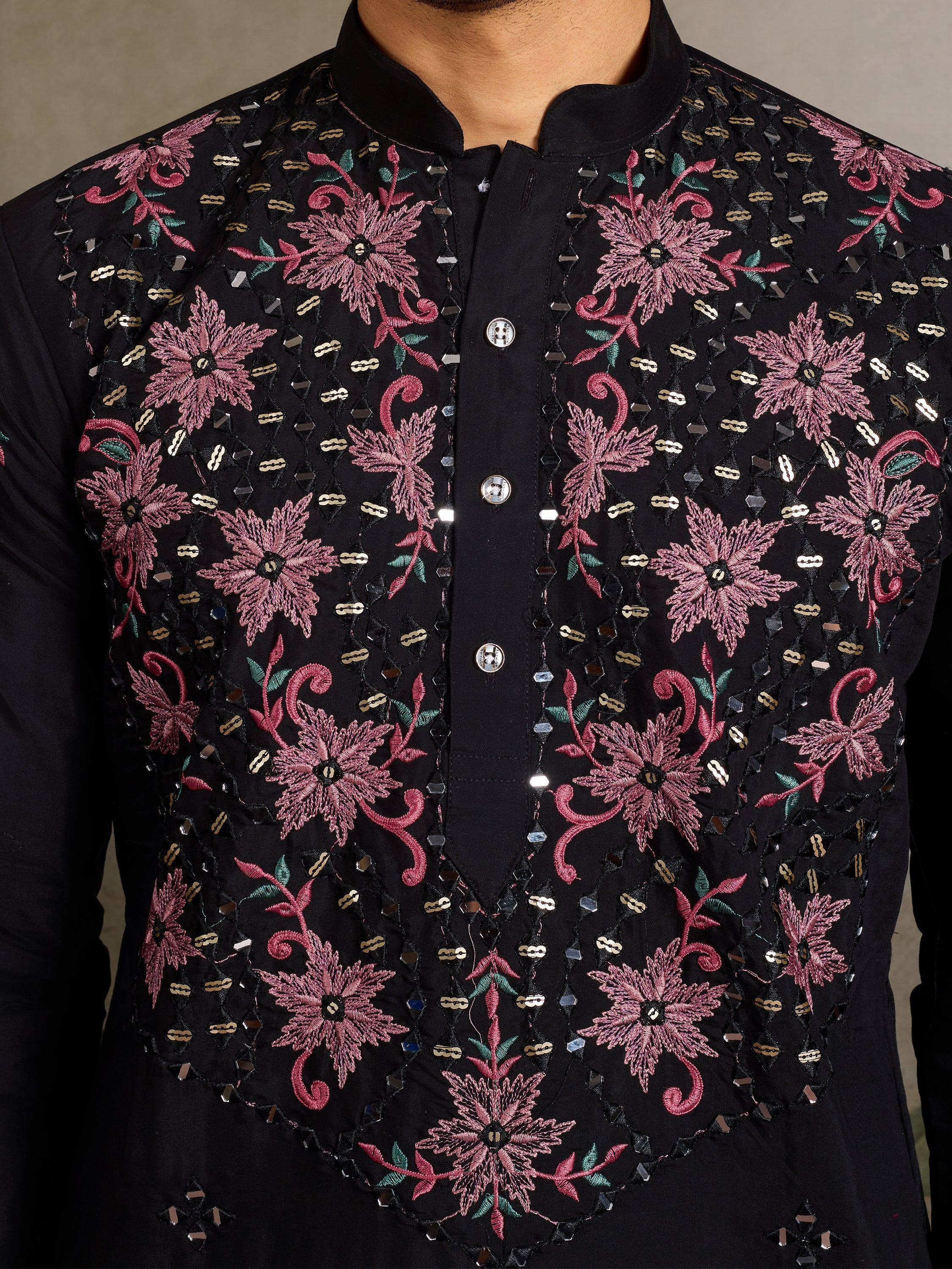 Black ethnic kurta with pink floral embroidery and mirror work for men
