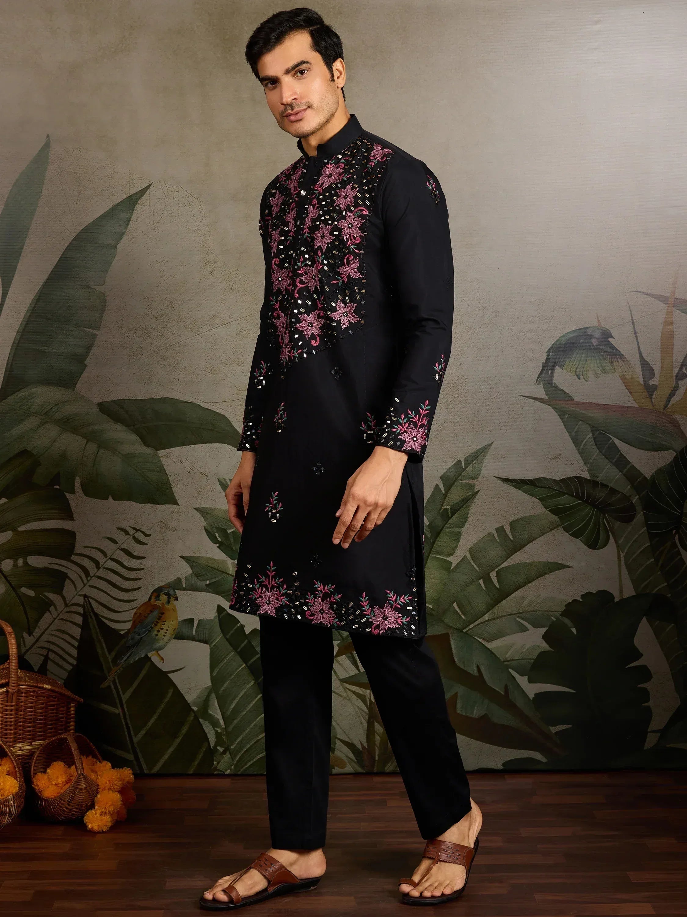 Black embroidered kurta with pink floral design, ethnic wear for men, perfect for festive occasions