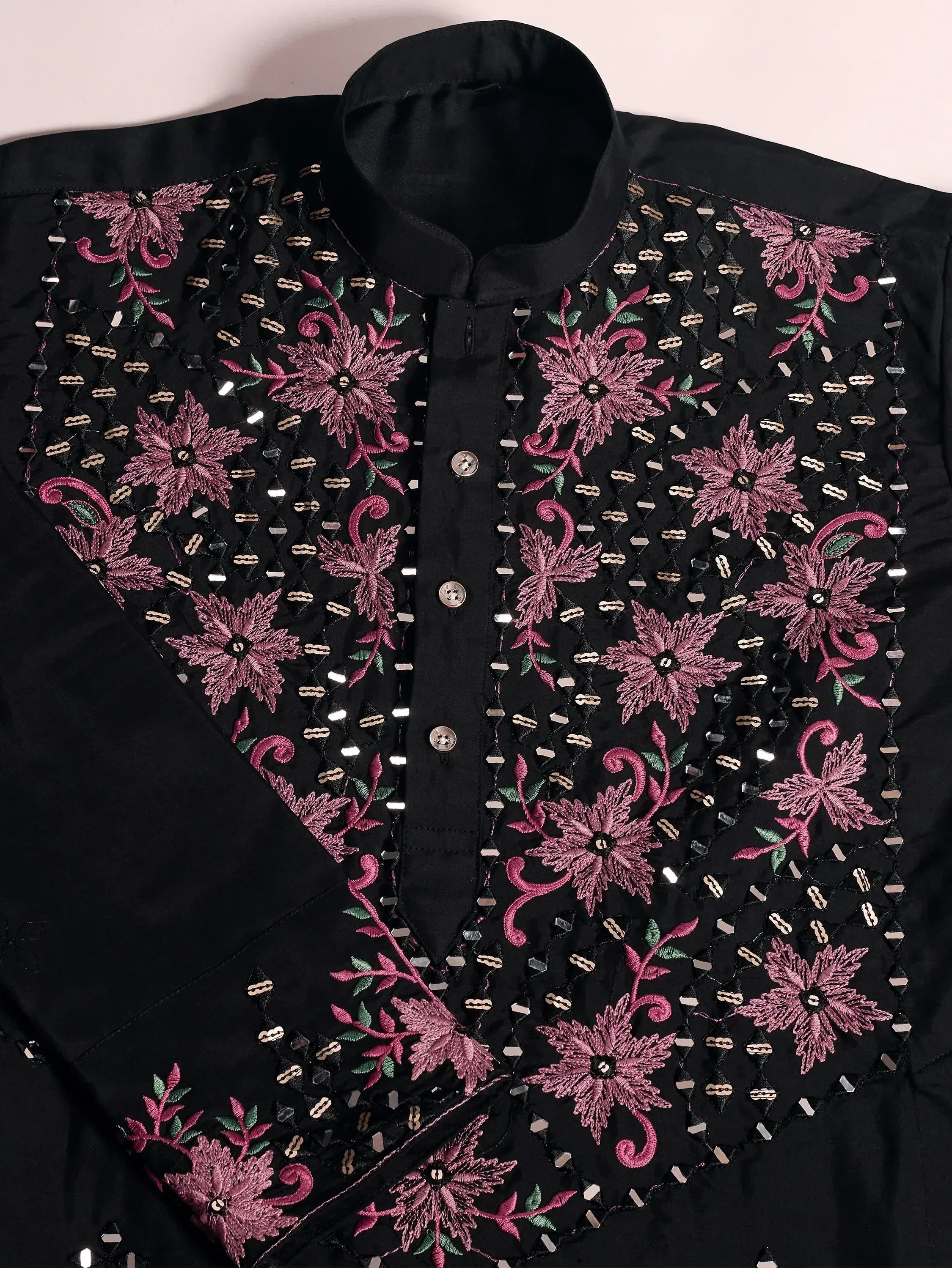 Black ethnic kurta with pink floral embroidery and mirror work, perfect for Indian wear