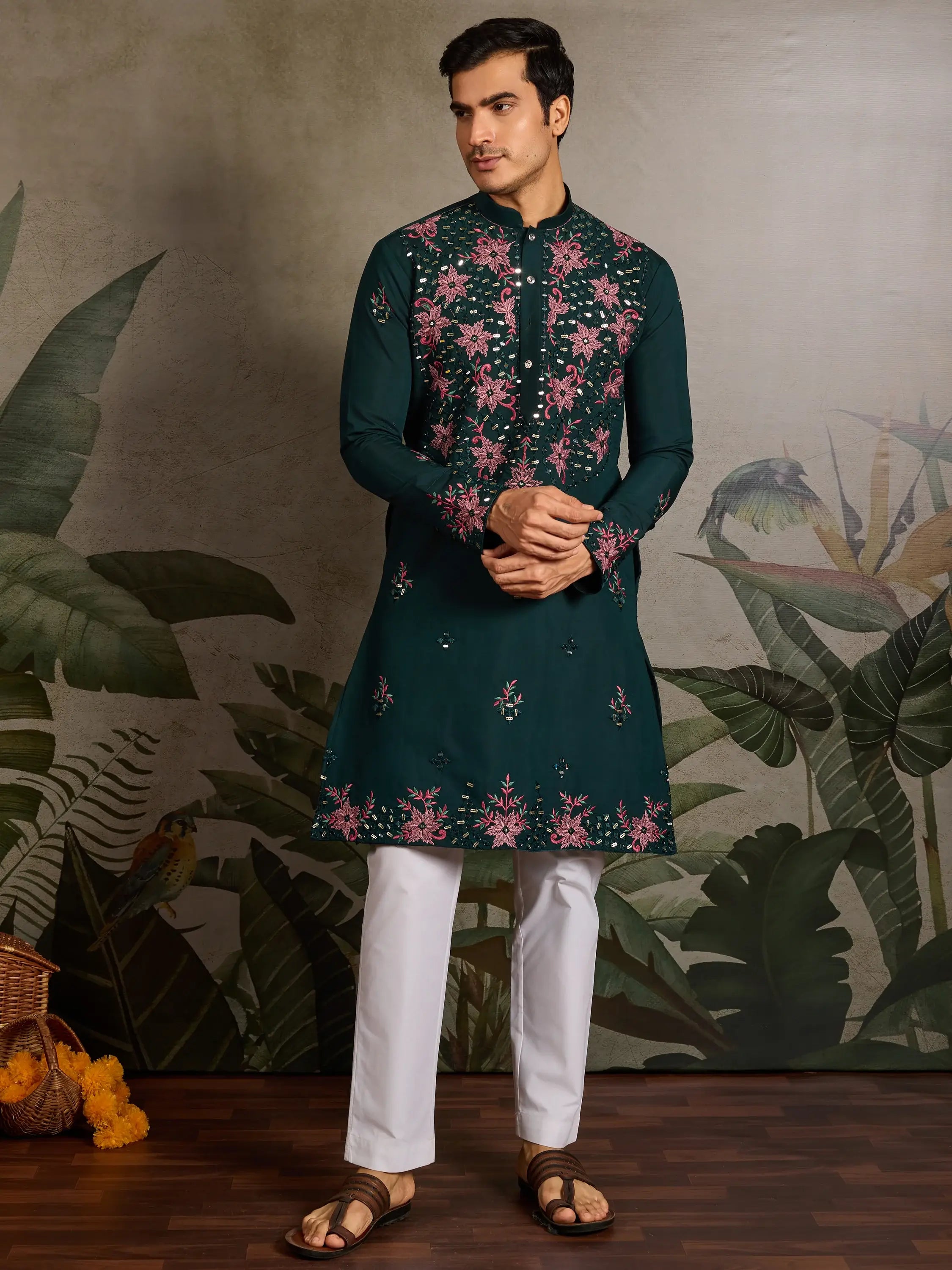 Marvelous Green Thread Work Viscose Silk Traditional Men Kurta