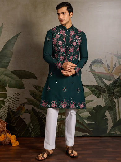 Marvelous Green Thread Work Viscose Silk Traditional Men Kurta
